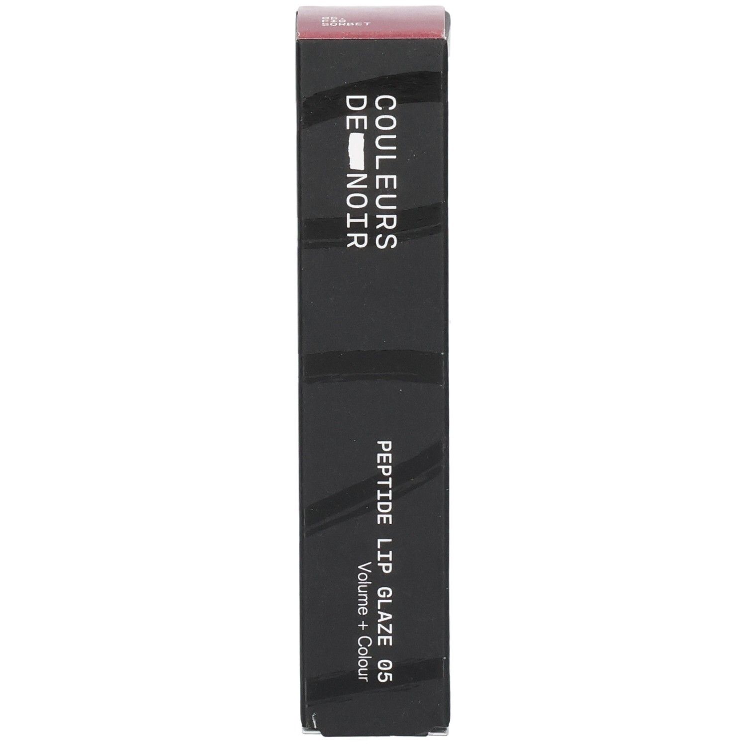 Schwarze Verpackung für "COULEURS DE NOIR PEPTIDE LIP GLAZE 05 Volume + Colour".