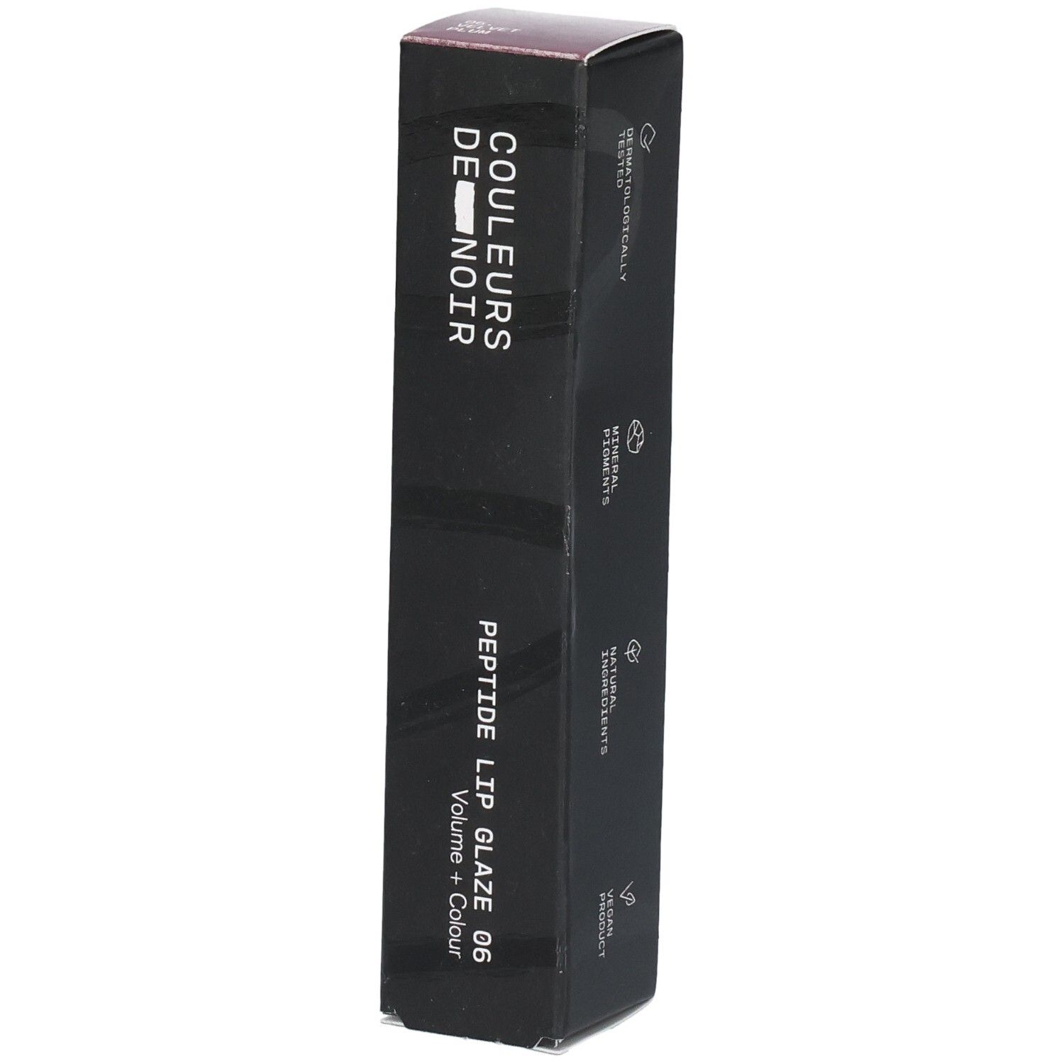 Verpackung für COULEURS DE NOIR PEPTIDE LIP GLAZE 06, Volumen + Farbe.