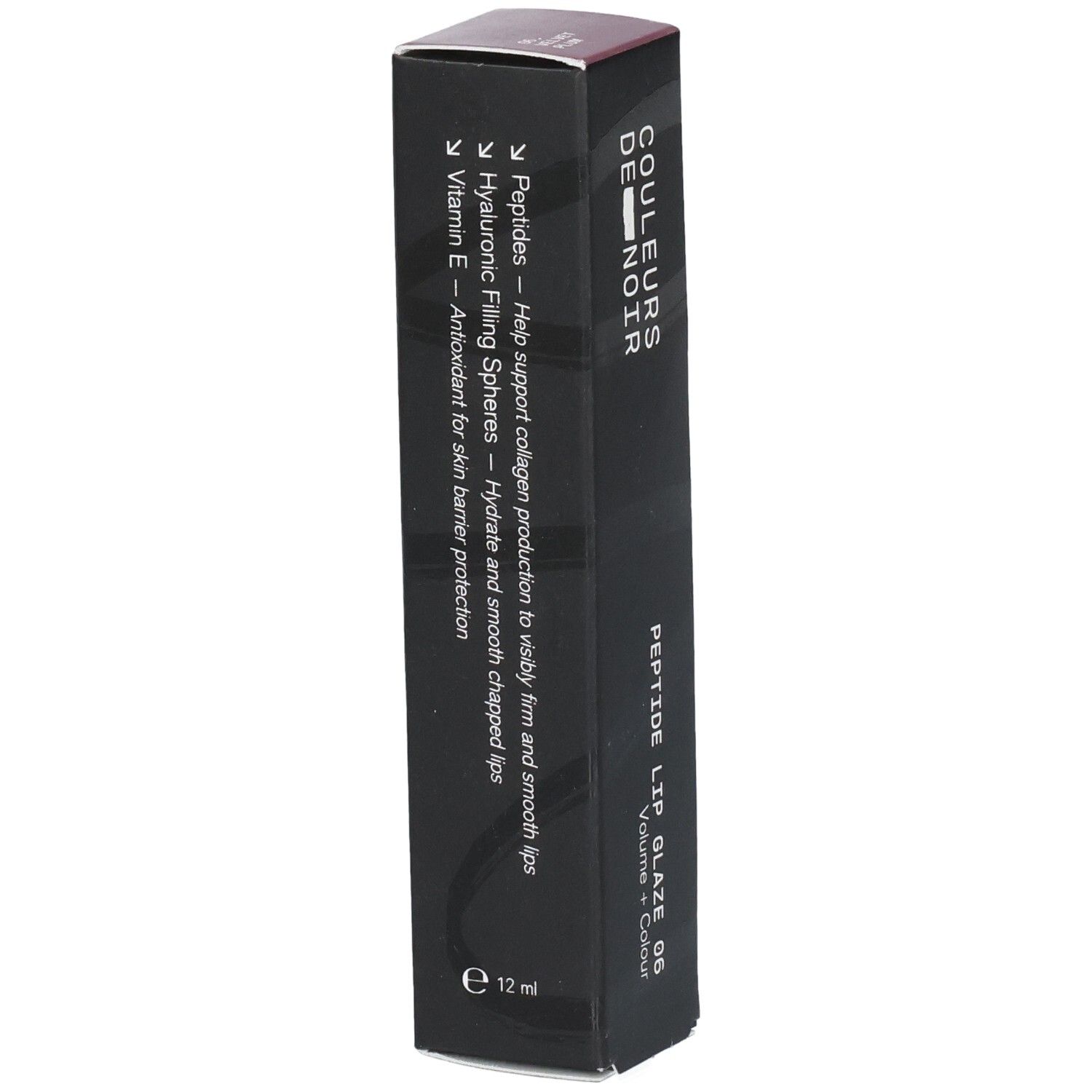 Schwarze Verpackung für "Peptide Lip Glaze 05" mit Inhaltsstoffen wie Peptiden, Hyaluronsäure und Vitamin E.