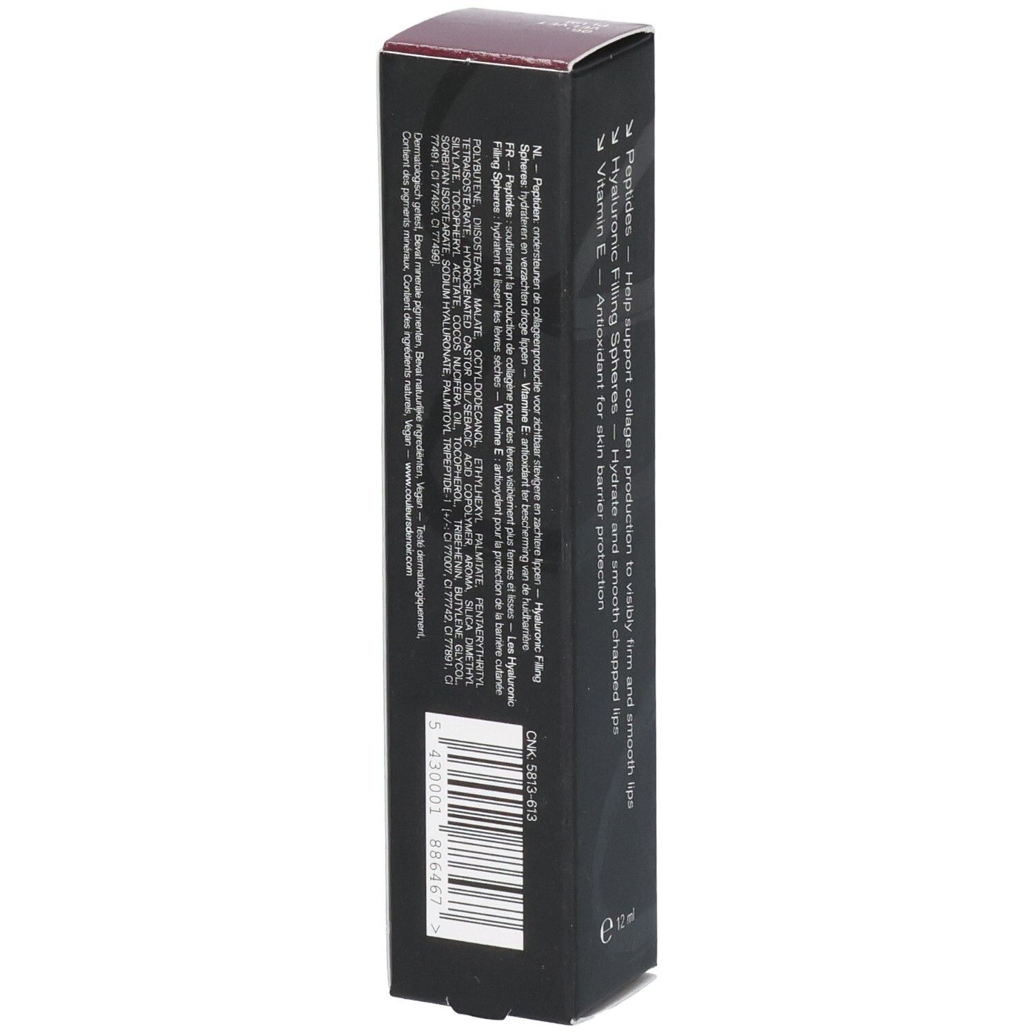 Schwarze Verpackung mit Text und Barcode. Enthält Hyaluronsäure, Peptide und Vitamin E.