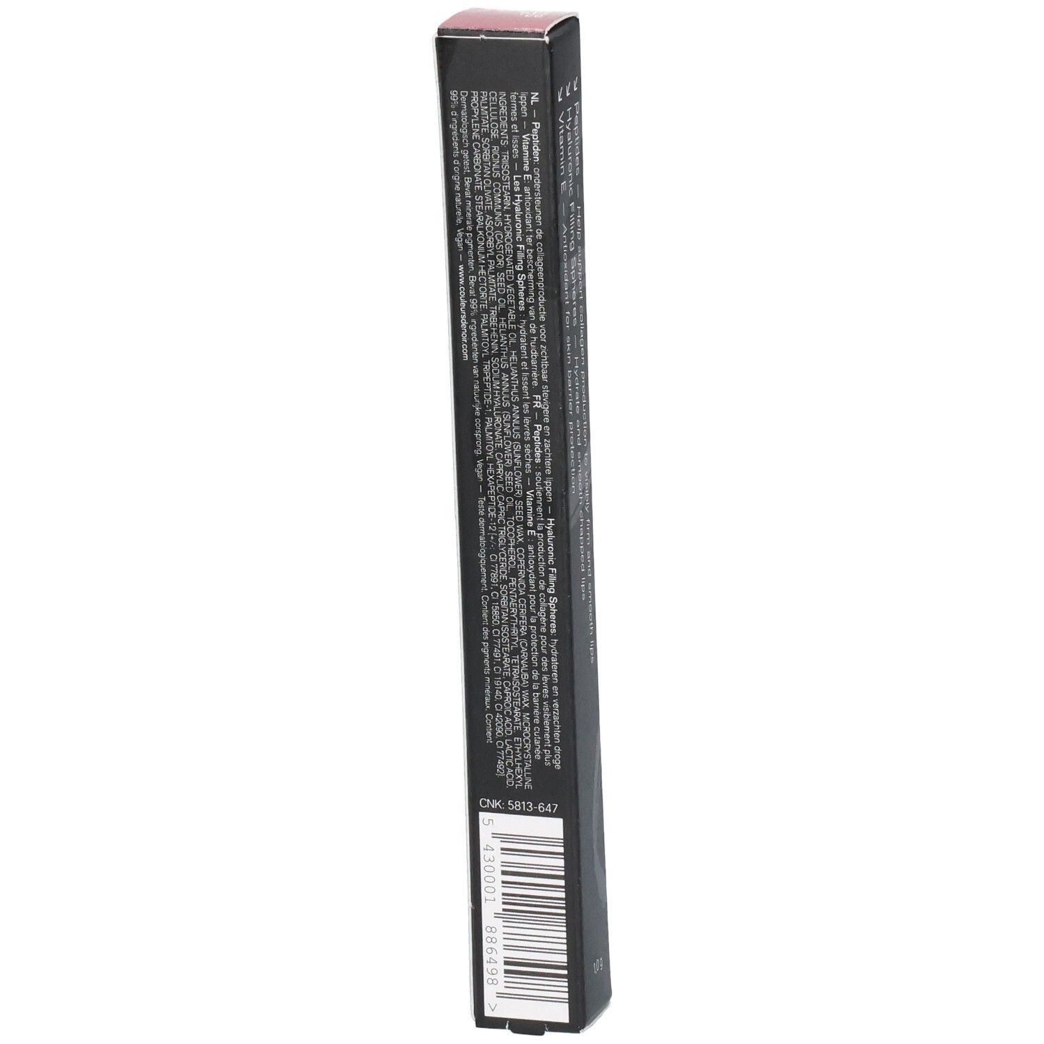 Seitenansicht der Verpackung mit detaillierten Produktinformationen und Barcode.