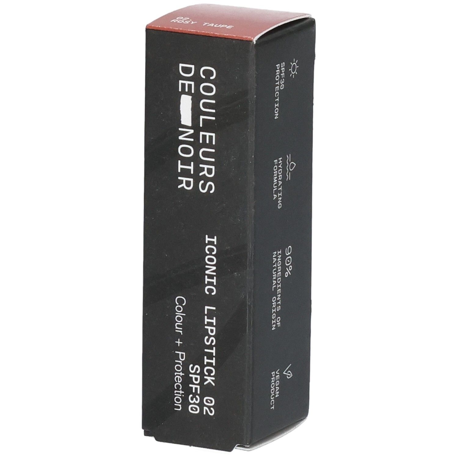 Verpackung für ikonischen Lippenstift 02, mit SPF30, feuchtigkeitsspendender Formel, 90% natürliche Inhaltsstoffe, vegan.