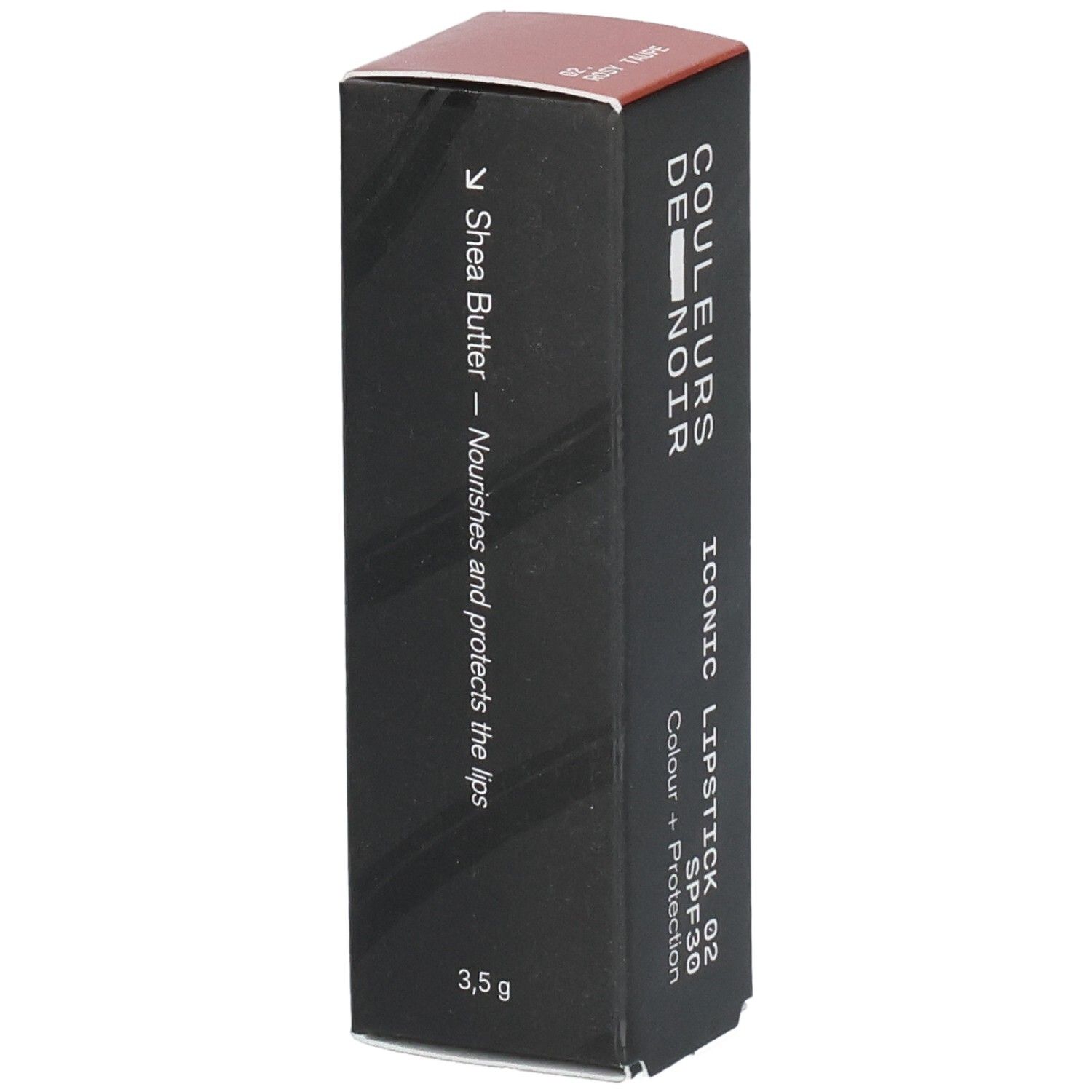 Schwarze Verpackung für "Iconic Lipstick" mit Shea Butter, SPF 30, 3,5g.