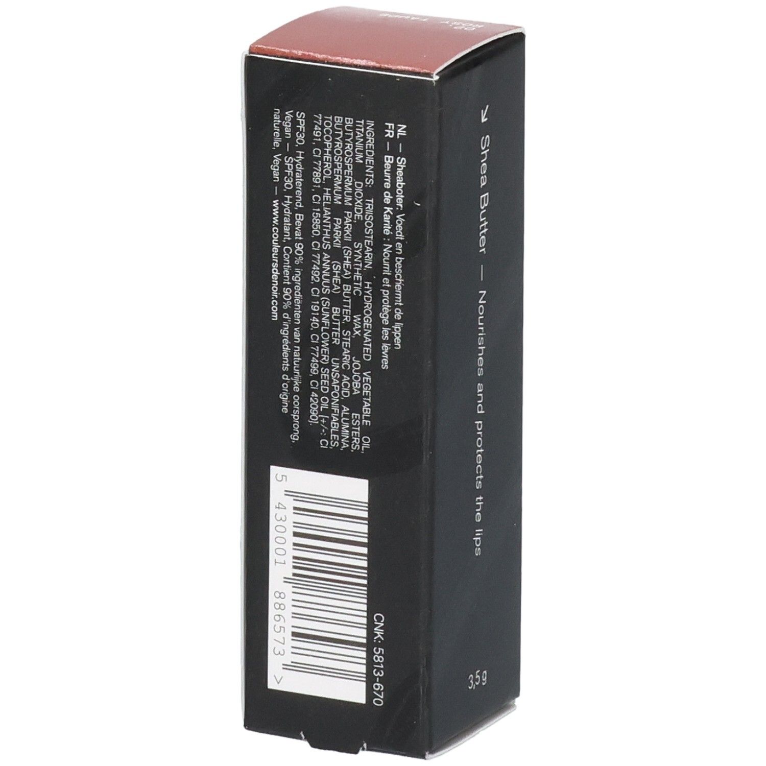 Verpackung eines Lippenbalsams mit Shea Butter. Enthält Inhaltsstoffe und SPF 30.