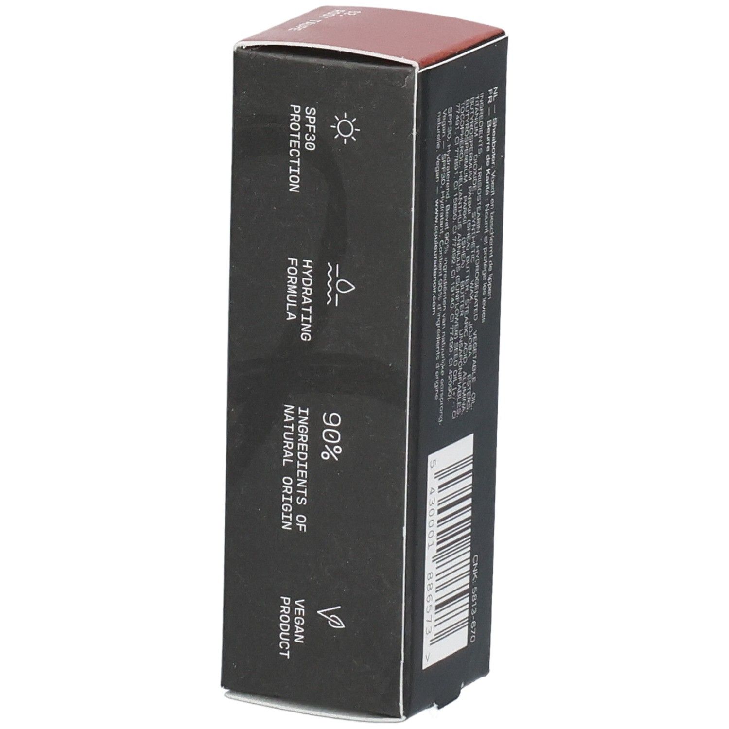 Schwarze Verpackung mit "SPF30 PROTECTION", "HYDRATING FORMULA", "90% INGREDIENTS OF NATURAL ORIGIN" und "VEGAN PRODUCT" Aufschrift.
