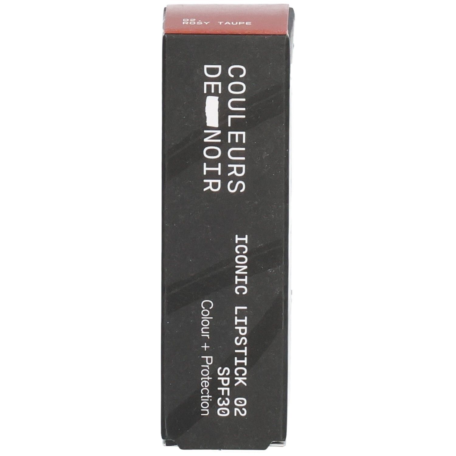 Verpackung für "COULEURS DE NOIR ICONIC LIPSTICK 02" in Rosé Taupe, mit SPF30 und Farbschutz.