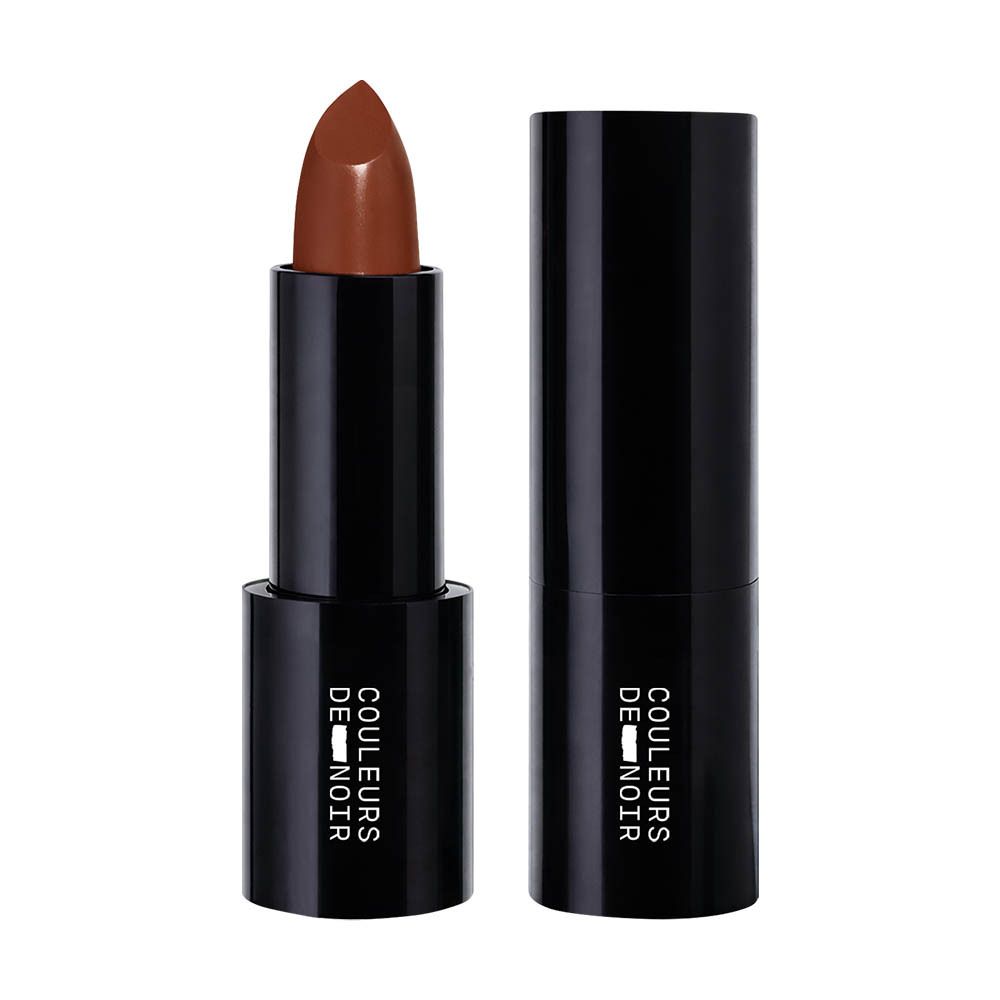 Ein brauner Lippenstift in schwarzer Hülse mit dem Aufdruck 'COULEURS DE NOIR'.