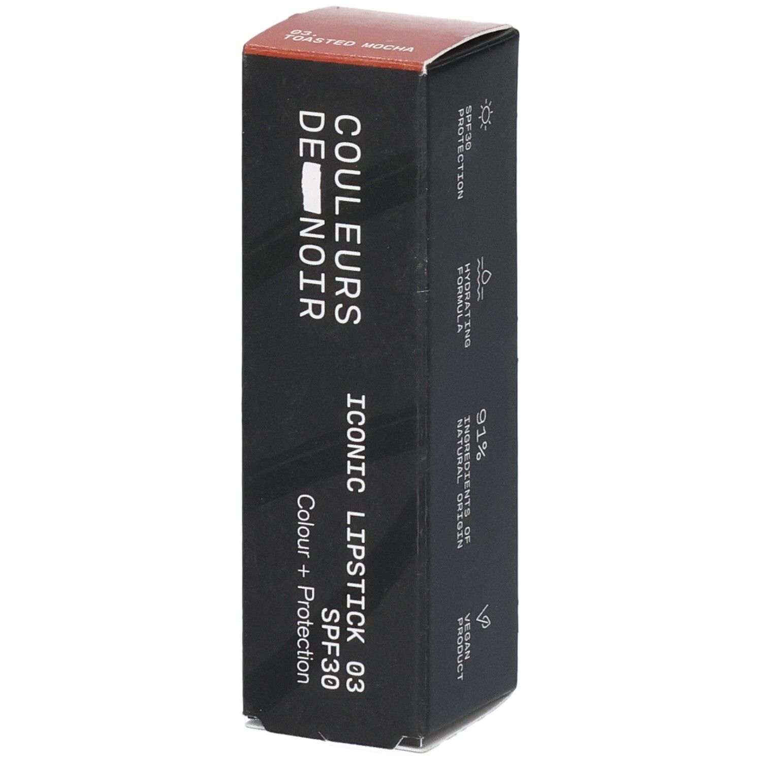 Schwarze Verpackung für "Couleurs de Noir Iconic Lipstick 03" mit SPF30 und "Toasted Mocha" Farbton.