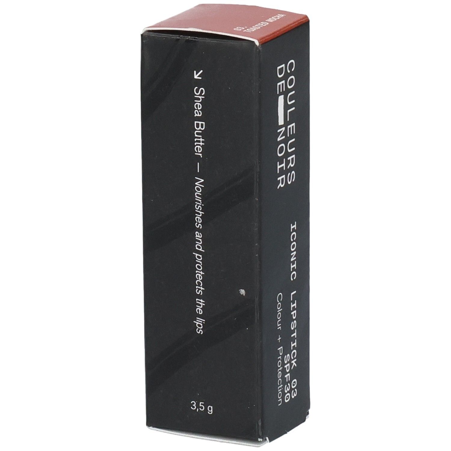 Schwarze Verpackung für ikonischen Lippenstift mit Shea Butter, LSF 30, 3,5 g.