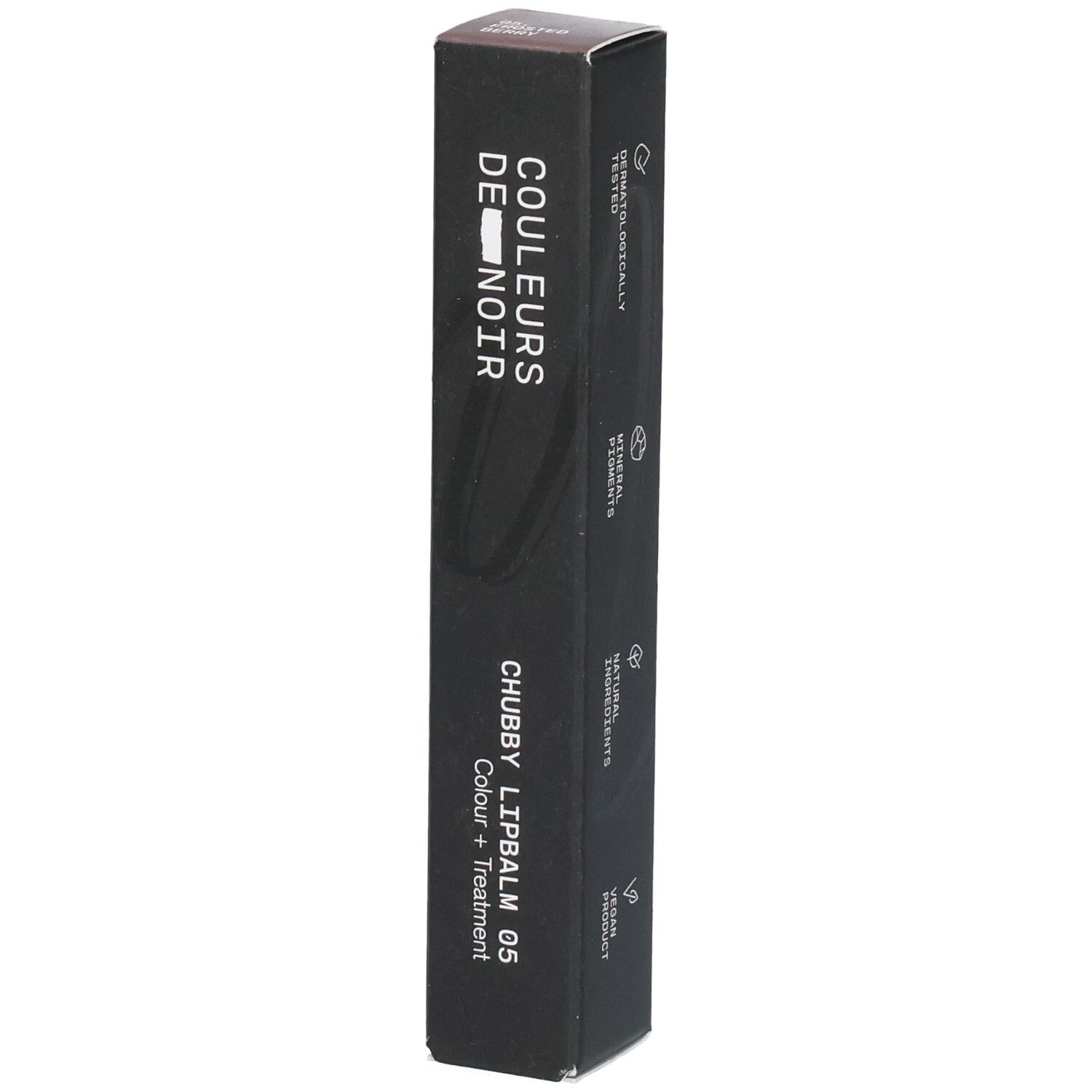 Verpackung für "Couleurs de Noir Chubby Lip Balm 05". Schwarze Box mit Text.