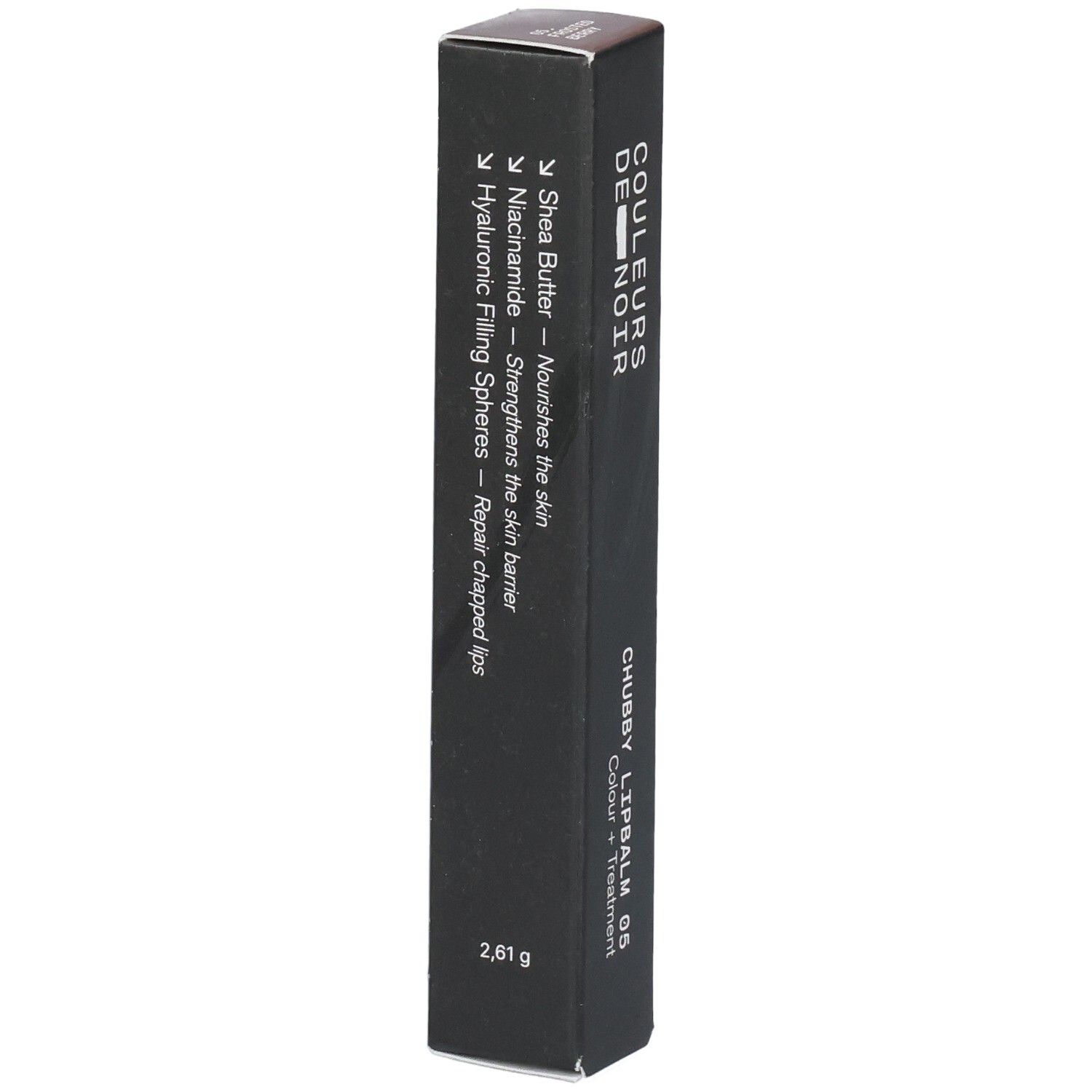 Schwarze Verpackung für Chubby Lipbalm 05 mit Inhaltsstoffen wie Sheabutter und Niacinamid.