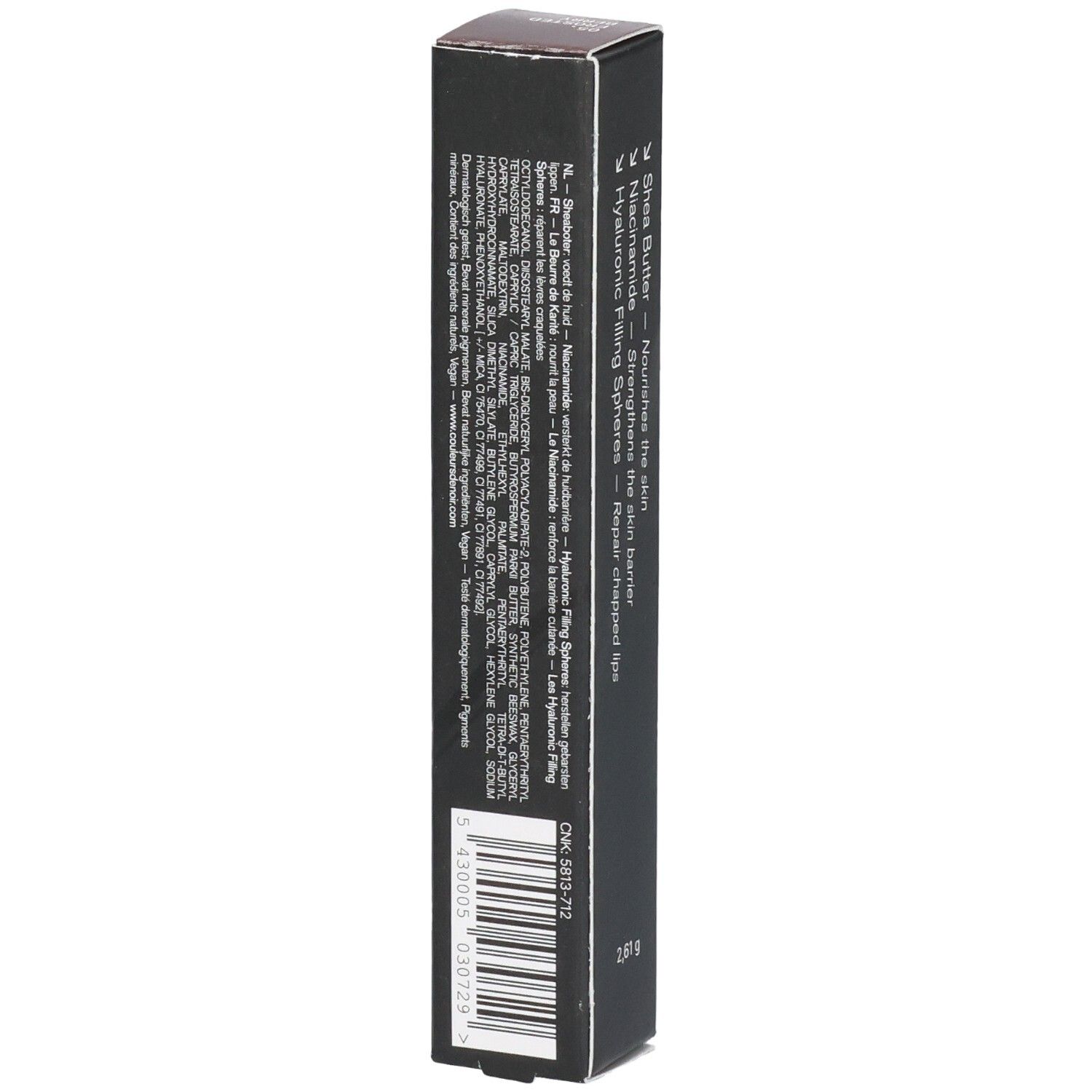 Schwarze Verpackung mit Text in mehreren Sprachen, Barcode und Produktinformationen.