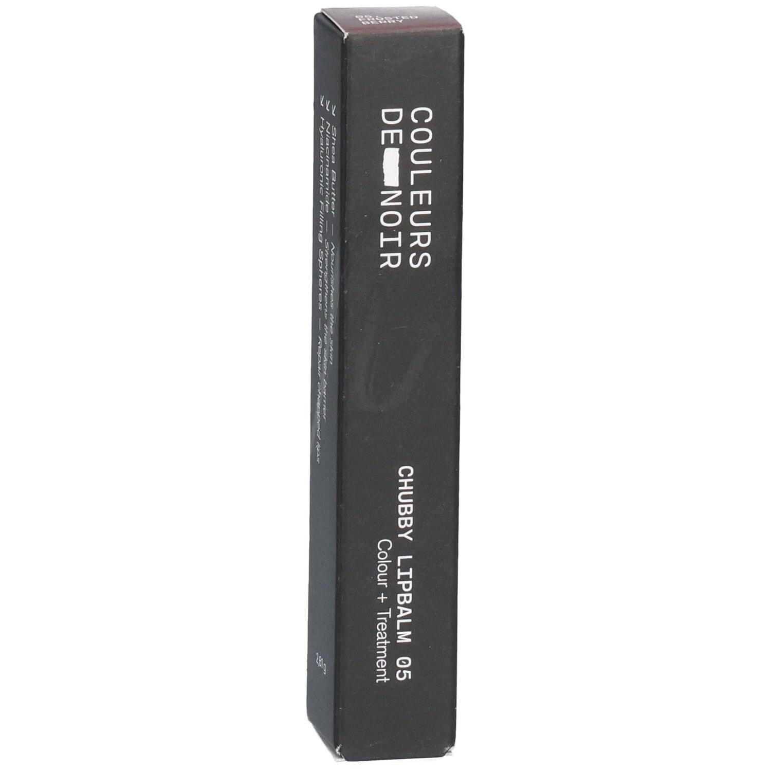 Schwarze Verpackung für COULEURS DE NOIR CHUBBY LIPBALM 05, Farbe + Pflege.
