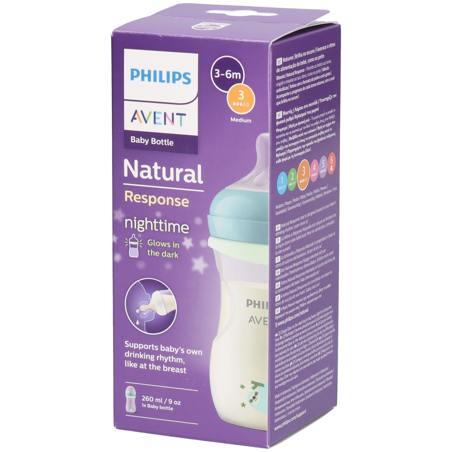 Verpackung der Philips AVENT Babyflasche. Lila Box mit Flasche, Text und Logo. Altersempfehlung 3-6 Monate.