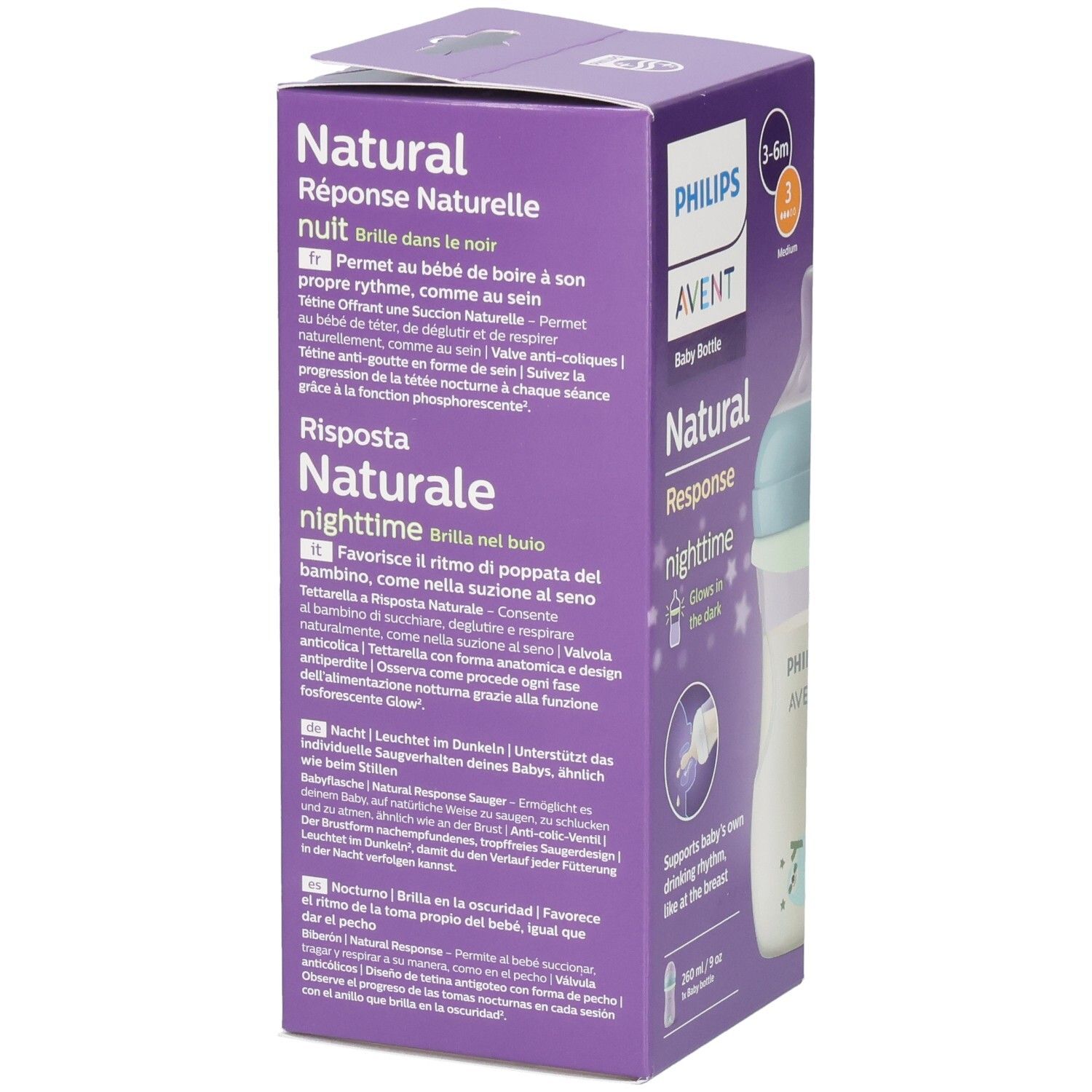 Rückseite der Philips AVENT Babyflaschenverpackung. Text in mehreren Sprachen. Altersempfehlung 3-6 Monate.