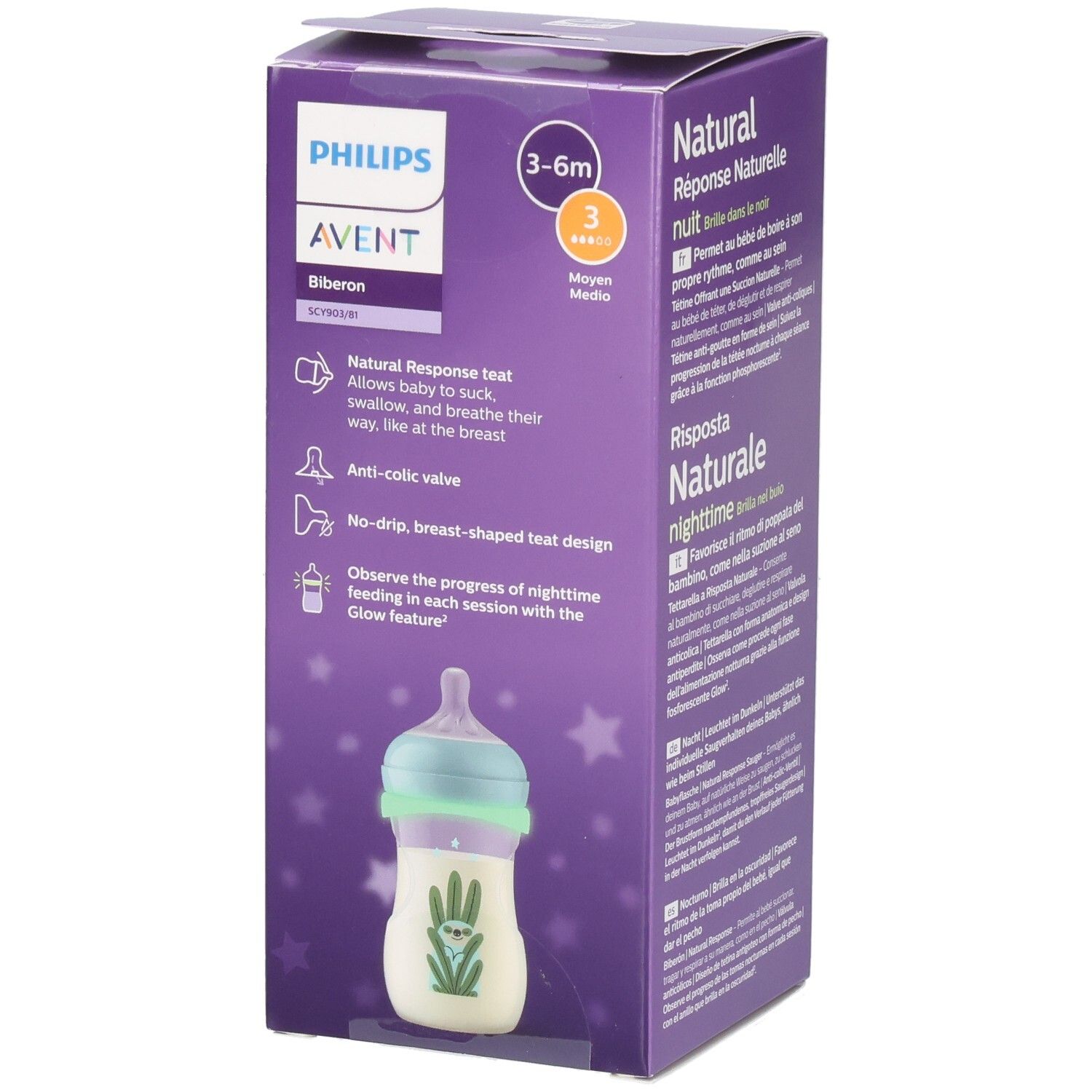 Rückseite der Philips AVENT Babyflaschenverpackung. Text in mehreren Sprachen. Altersempfehlung 3-6 Monate.