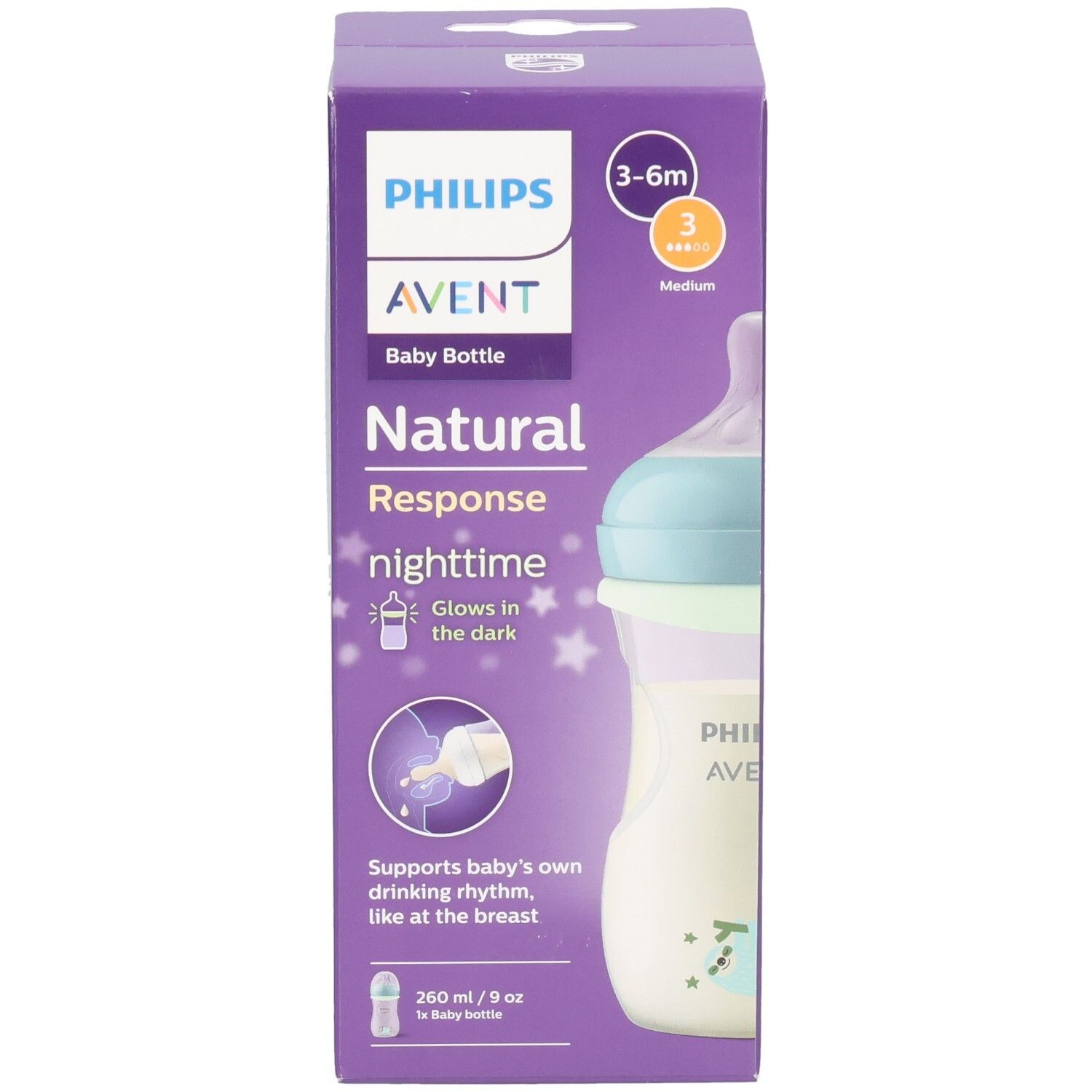 Verpackung der Philips AVENT Babyflasche. Lila Box mit Flasche, Text und Logo. Altersempfehlung 3-6 Monate.