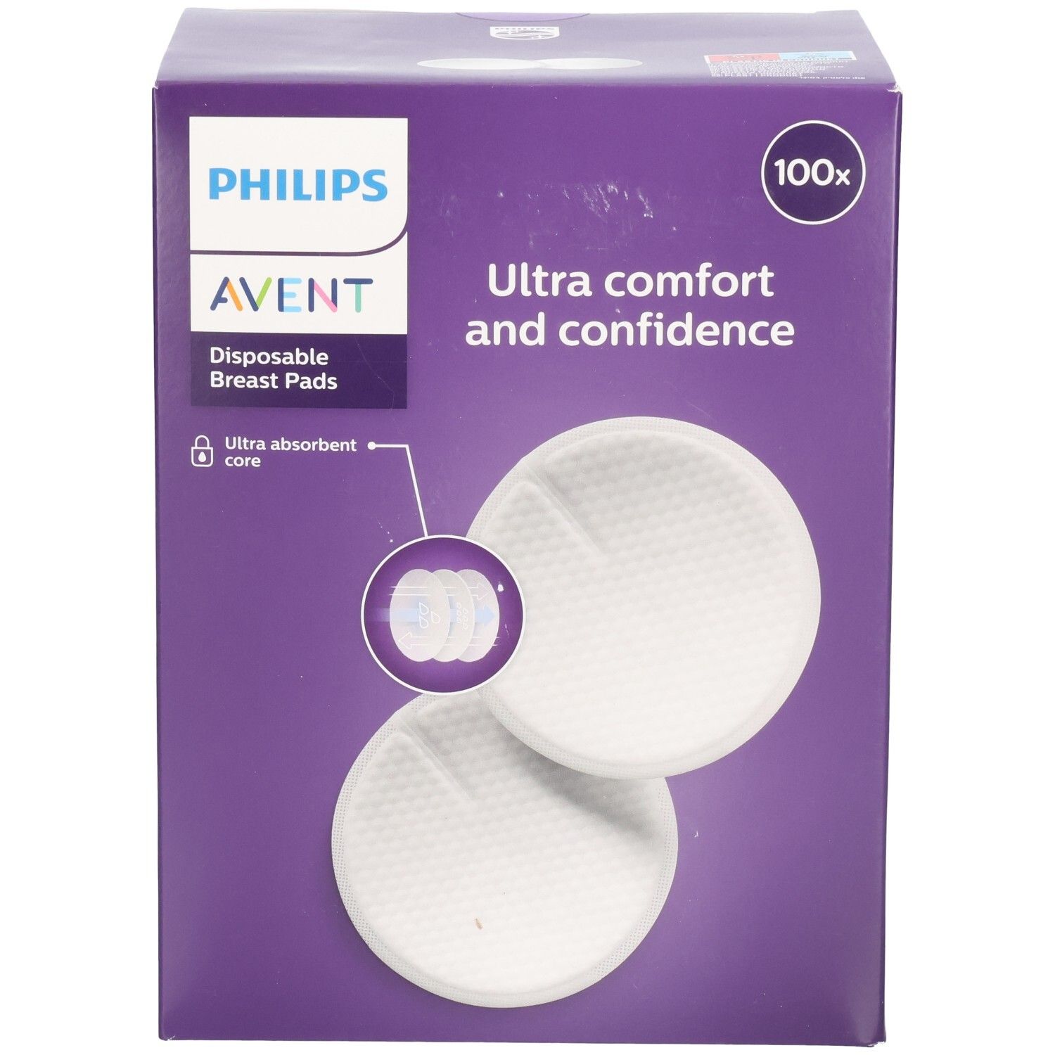 Vorderseite der Philips AVENT Brustkompressen-Verpackung. Produktabbildung und Text. Violette Box mit Produktinformationen.