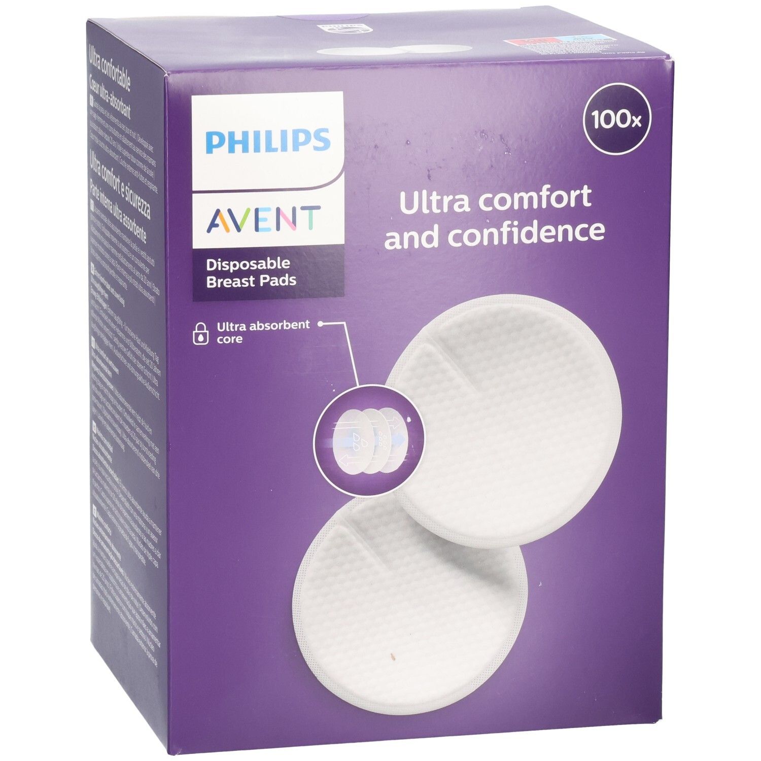 Vorderseite der Philips AVENT Brustkompressen-Verpackung. Produktabbildung und Text. Violette Box mit Produktinformationen.