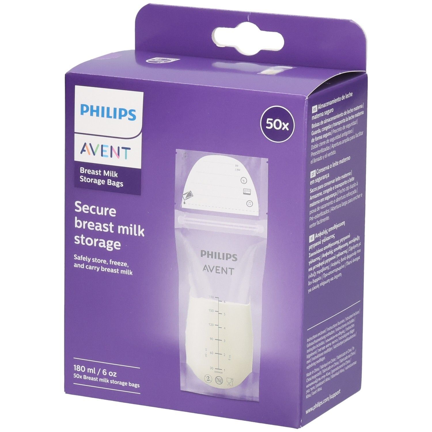 Verpackung mit Philips AVENT Muttermilch-Aufbewahrungsbeuteln. Enthält 50 Beutel. Sichtbar: Beutel mit Messskala.