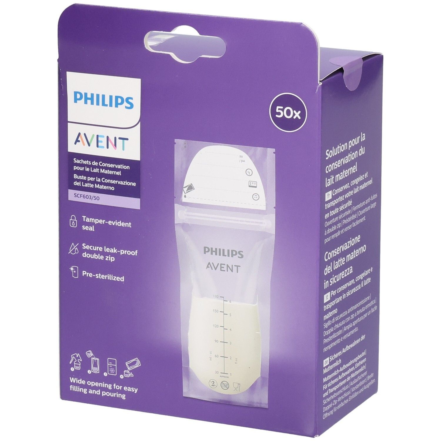 Verpackung mit Philips AVENT Muttermilch-Aufbewahrungsbeuteln. Enthält 50 Beutel. Merkmale: Siegel, doppelter Reißverschluss.