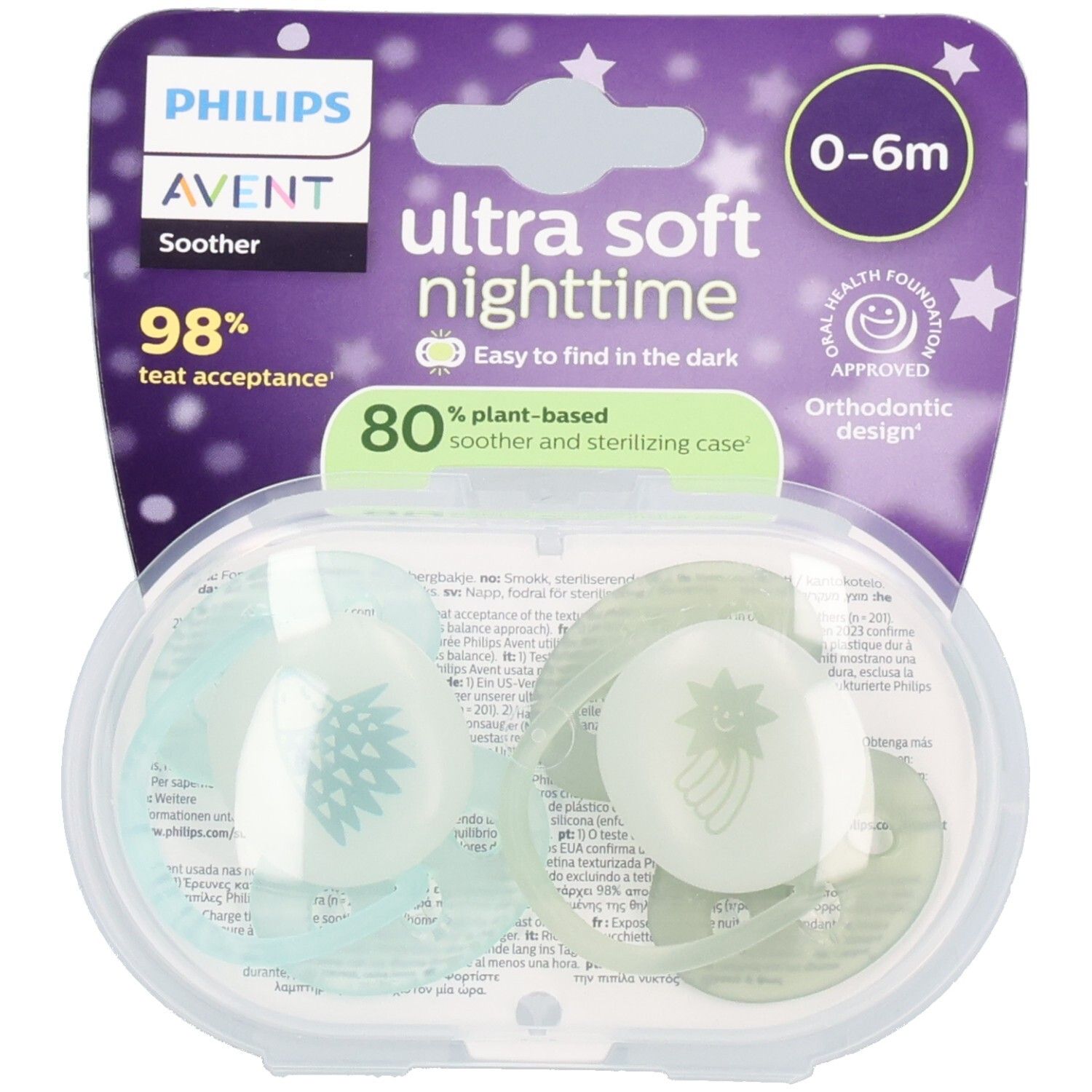 Verpackung mit zwei Schnullern. Marke Philips Avent. Text: Ultra Soft Nighttime, 0-6m. Orthodontic Design. 80% pflanzlich.