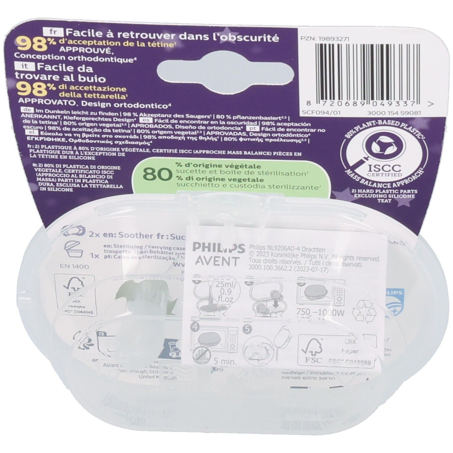 Rückseite der Verpackung mit zwei Schnullern. Text: Philips Avent, Ultra Soft Nighttime, 0-6m. 80% pflanzlich. ISCC zertifiziert.