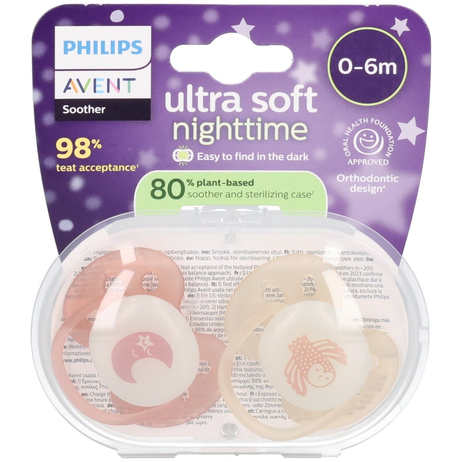 Zwei Schnuller in einer transparenten Hülle. Verpackung mit Produktnamen und Logo. Altersempfehlung: 0-6 Monate. Orthodontisches Design.