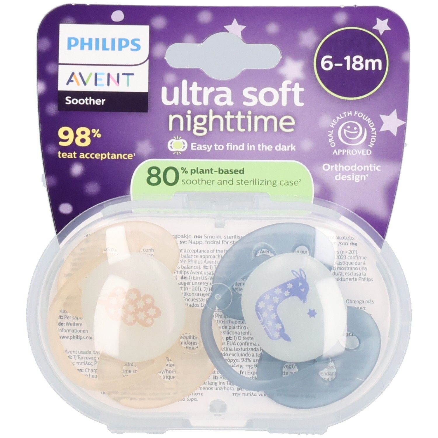 Verpackung mit zwei Schnullern. Ein Schnuller ist beige, der andere blau. Beide haben einen Sauger. Die Verpackung zeigt das Philips Avent Logo und die Aufschrift "Ultra Soft Nighttime".