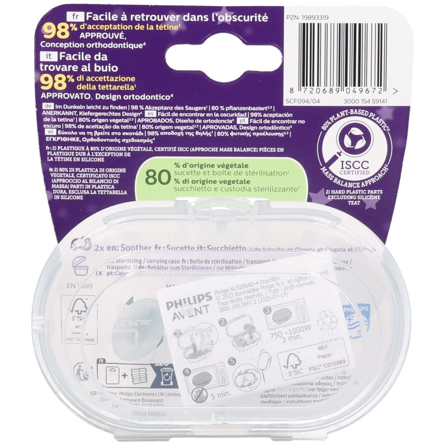 Rückseite der Verpackung mit Produktinformationen. Transparente Hülle mit zwei Schnullern. Text und Logos.