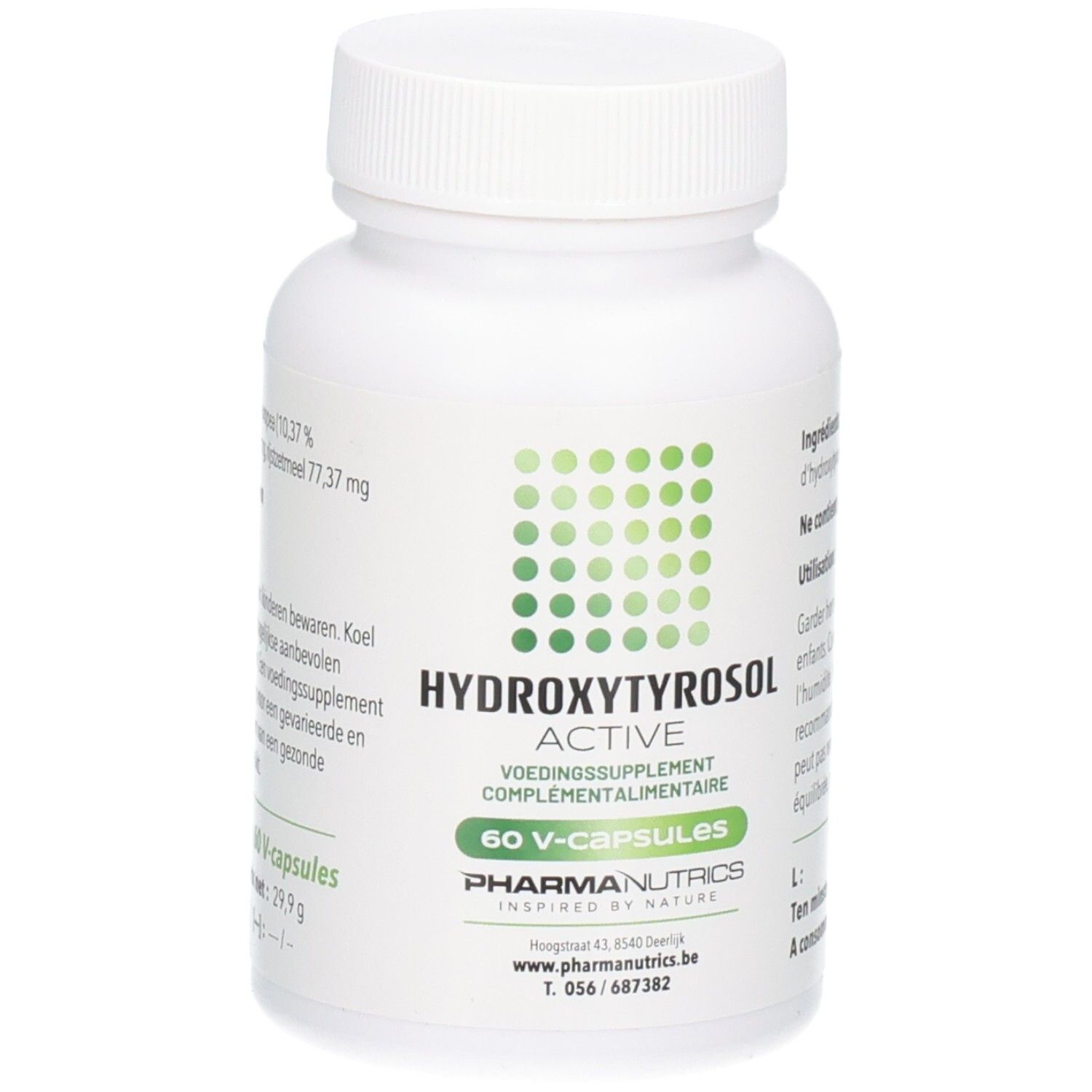 Weiße Flasche mit grünem Etikett. Aufschrift: HYDROXYTYROSOL ACTIVE, 60 V-CAPS, PharmaNutrics.