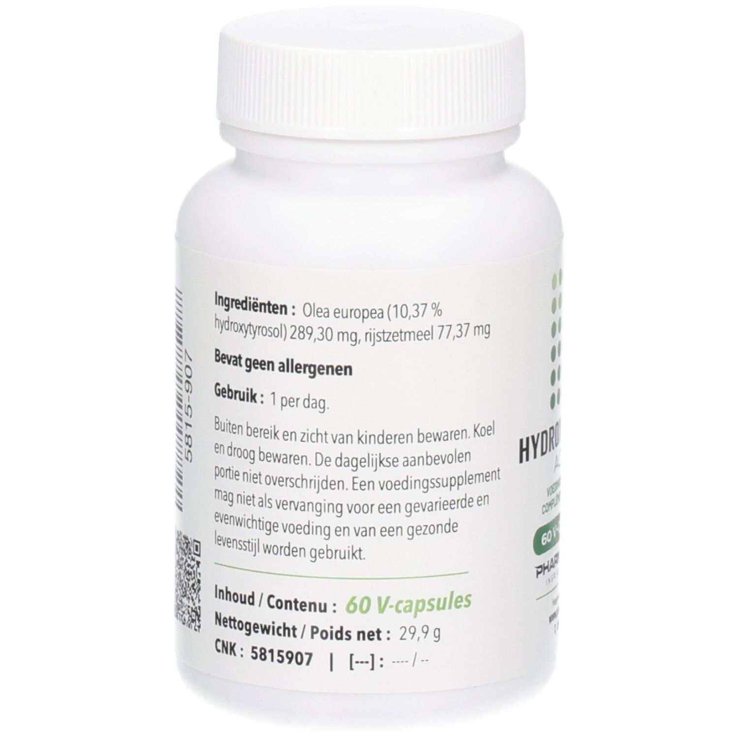 Rückseite der weißen Flasche. Enthält Informationen zu Inhaltsstoffen, Dosierung und Warnhinweisen.