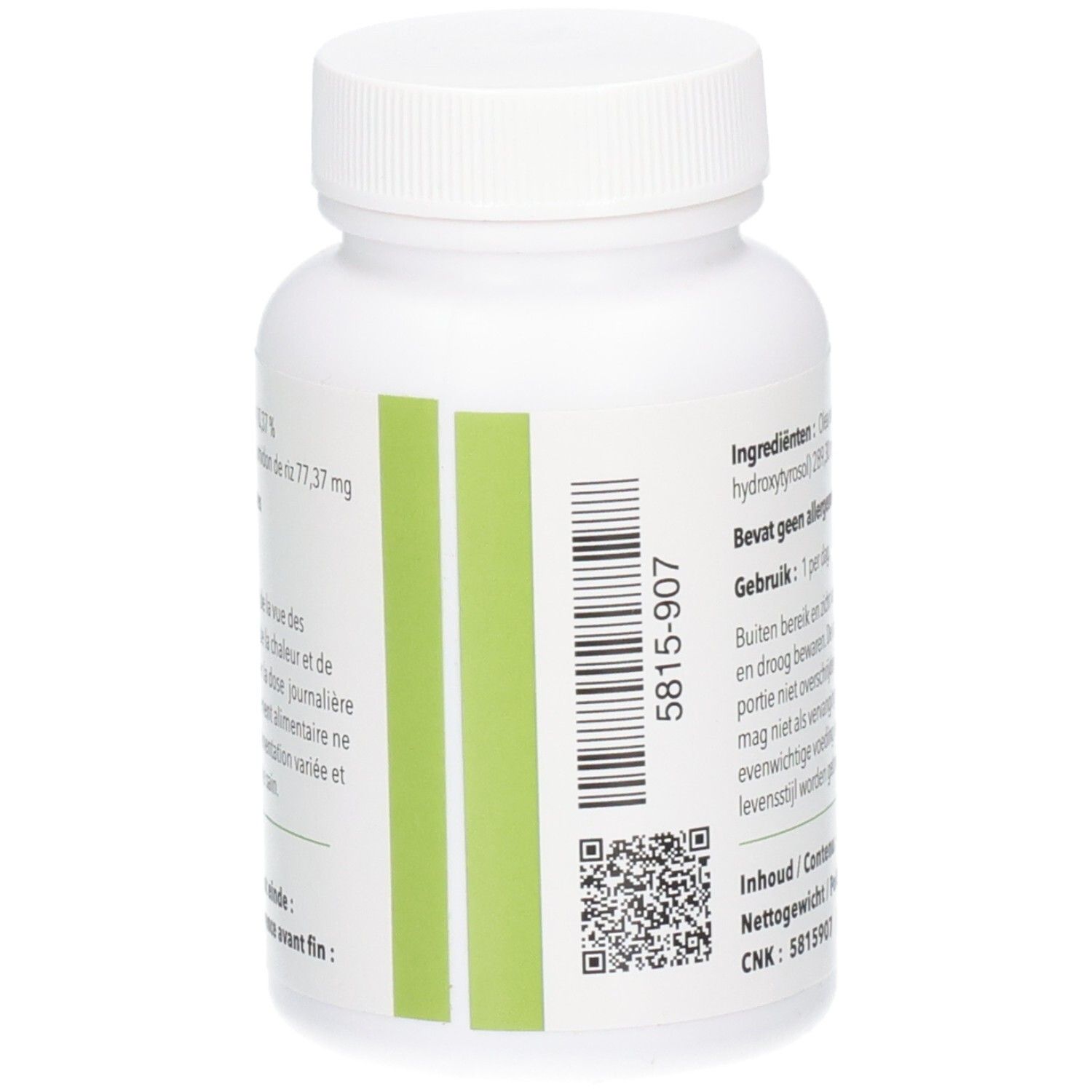 Rückseite der weißen Flasche mit grünem Streifen und QR-Code. Enthält Informationen.
