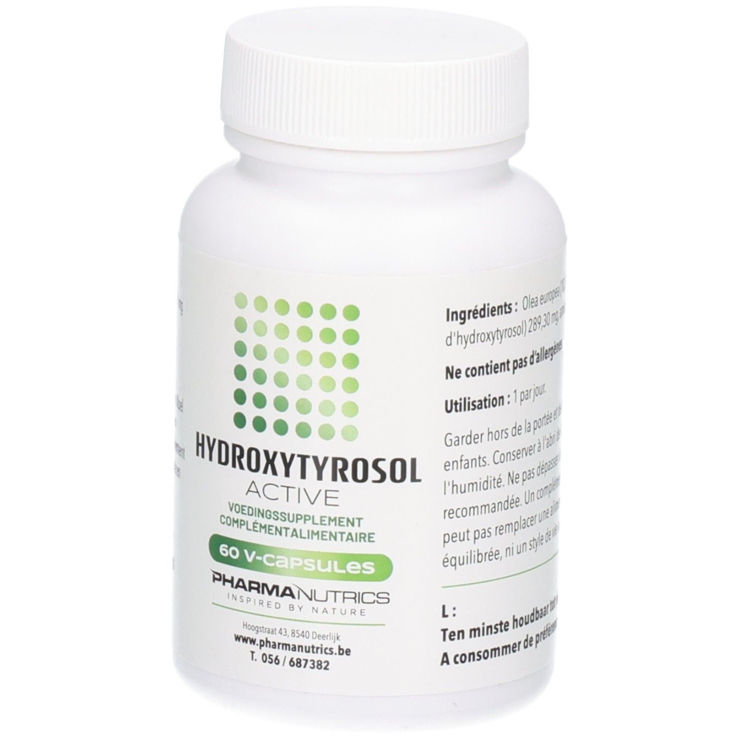 Weiße Flasche mit grünem Etikett. Aufschrift: HYDROXYTYROSOL ACTIVE, 60 V-CAPS, PharmaNutrics.