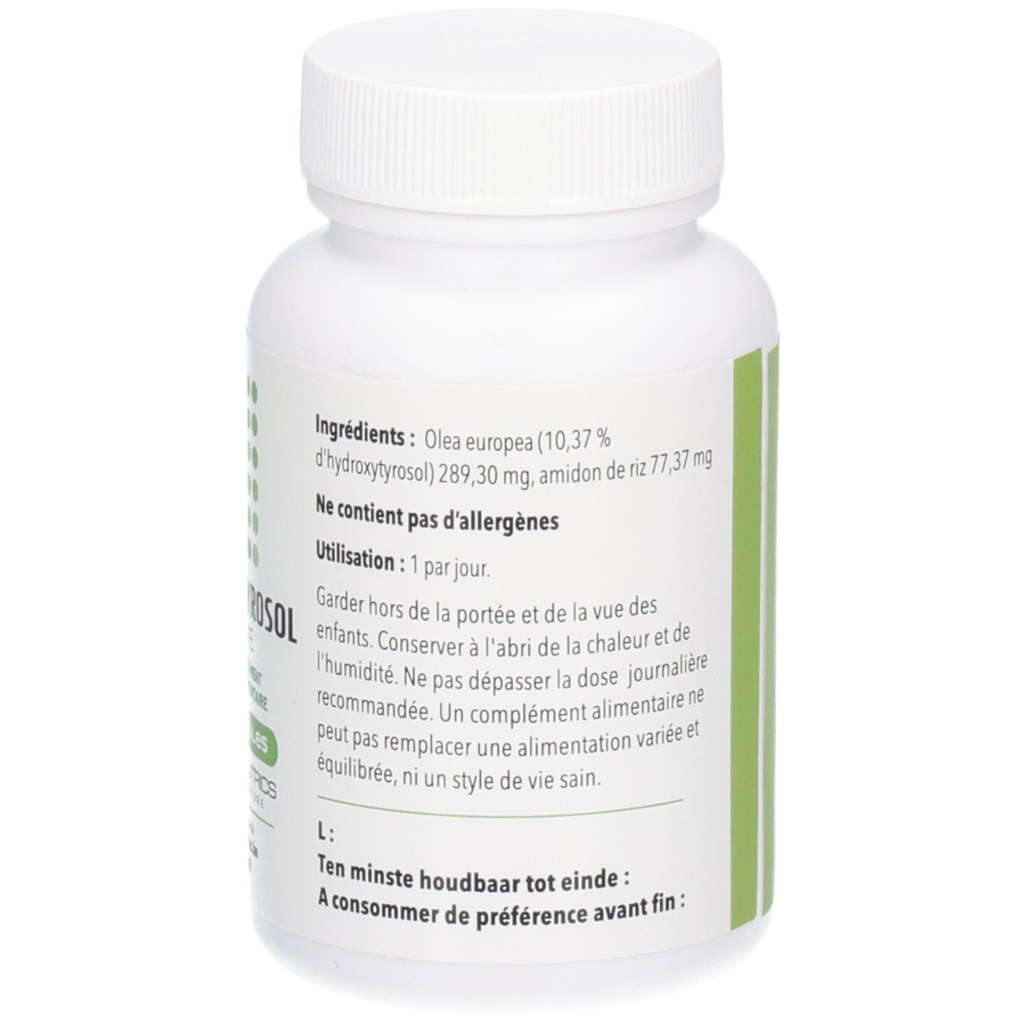 Rückseite der weißen Flasche mit grüner Beschriftung. Enthält Informationen zu Inhaltsstoffen und Anwendung.