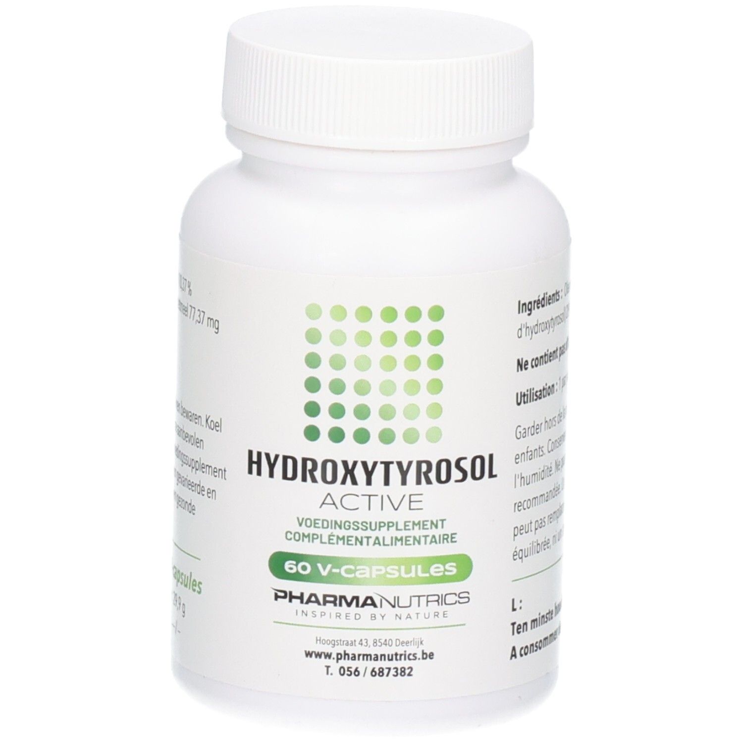 Weiße Flasche mit grünem Etikett. Aufschrift: HYDROXYTYROSOL ACTIVE, 60 V-CAPS, PharmaNutrics.
