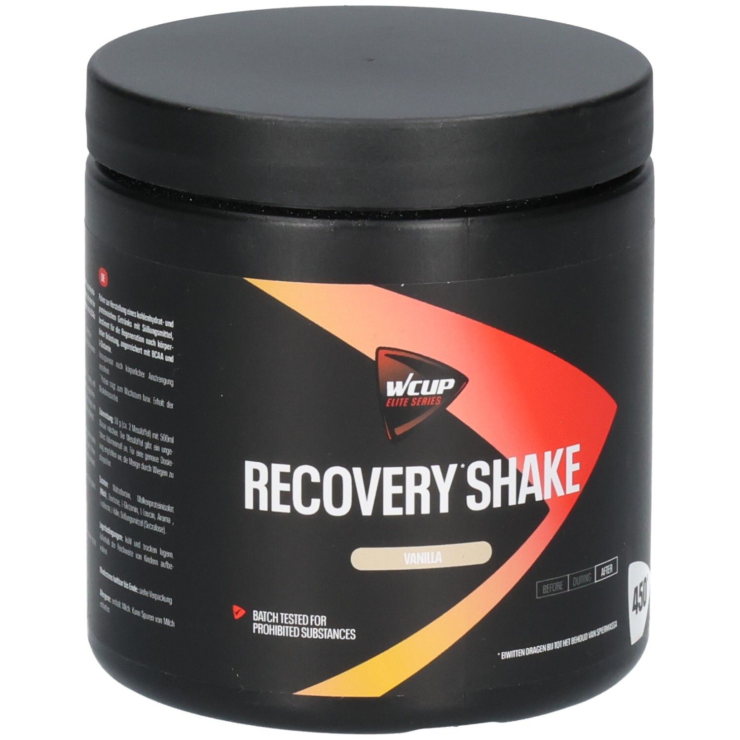 Récipient noir avec inscription Wcup Recovery Shake Vanilla 450g et élément de design orange.