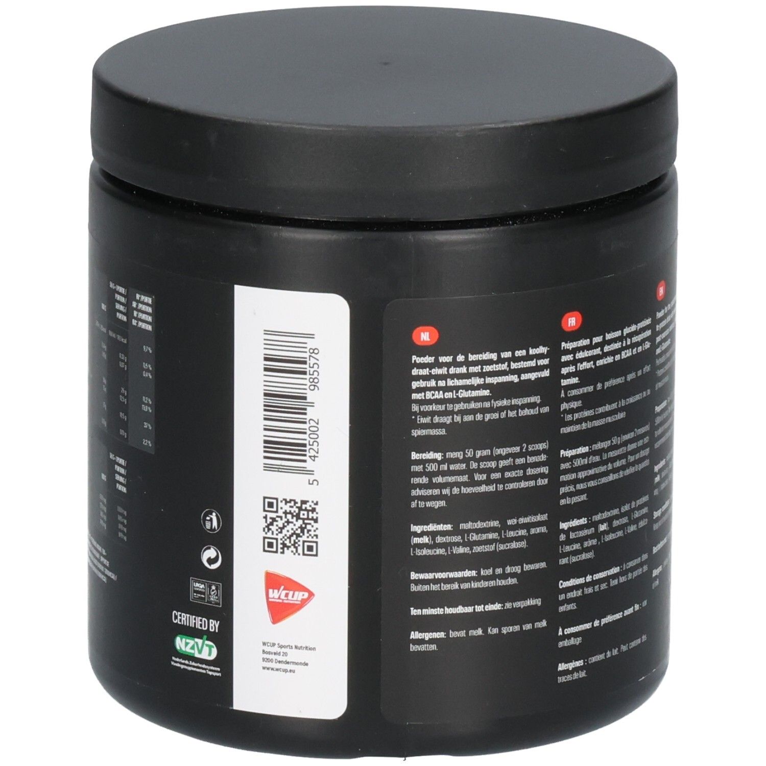 Côté d'un récipient noir avec Wcup Recovery Shake Vanilla 450g, code-barres, QR code et sceau de certification.