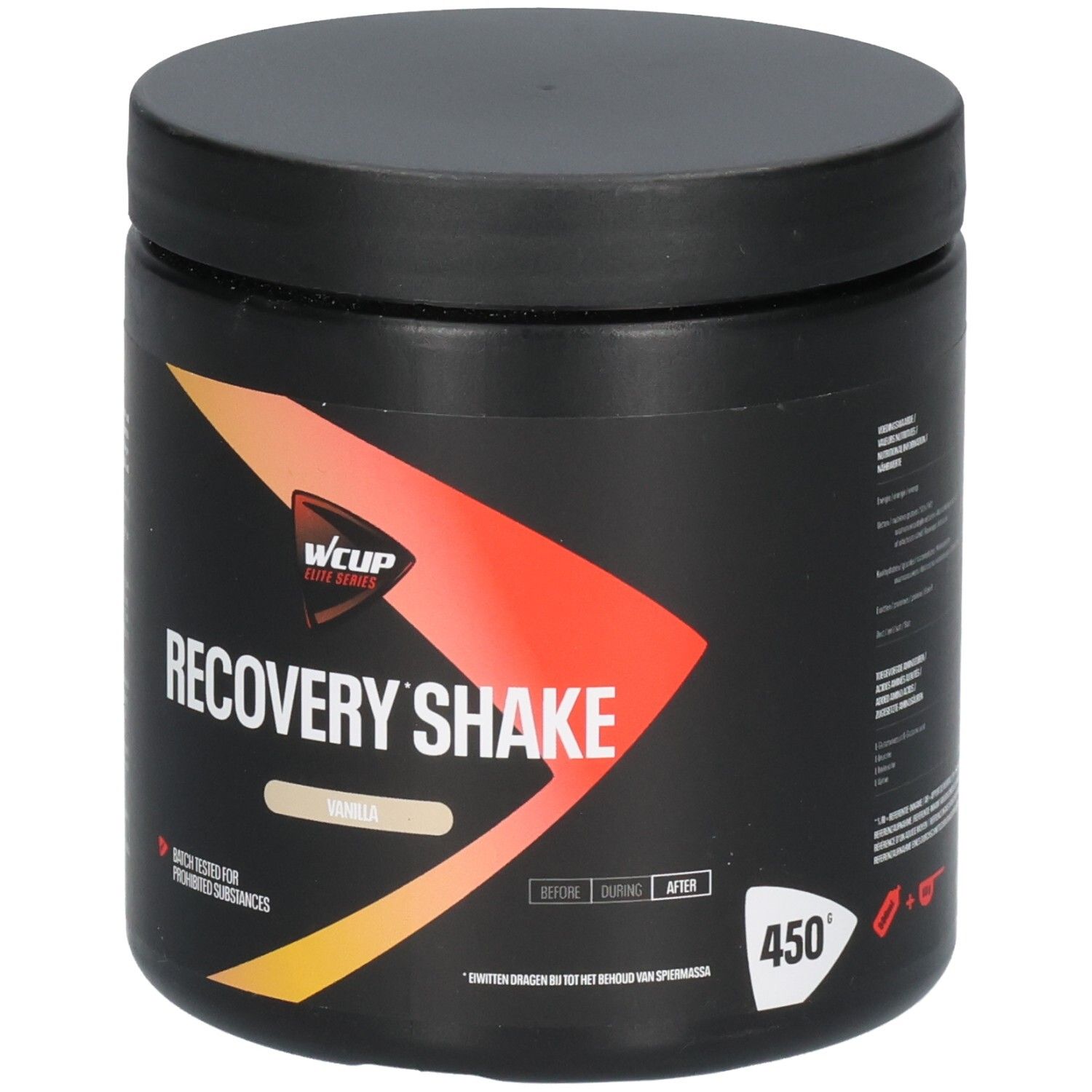 Récipient noir avec inscription Wcup Recovery Shake Vanilla 450g, saveur vanille et élément de design orange.