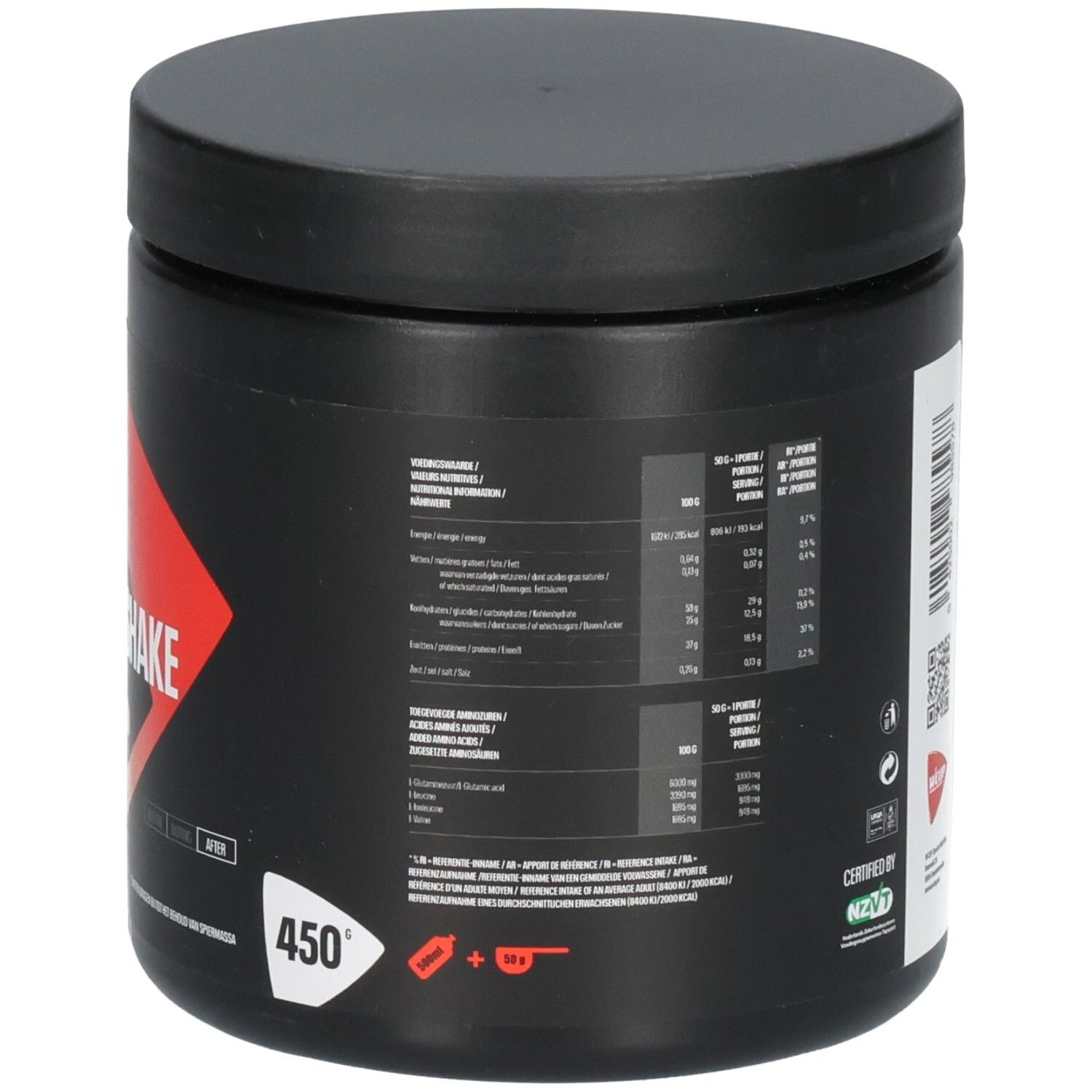 Arrière d'un récipient noir avec Wcup Recovery Shake Vanilla 450g, informations nutritionnelles et certification.