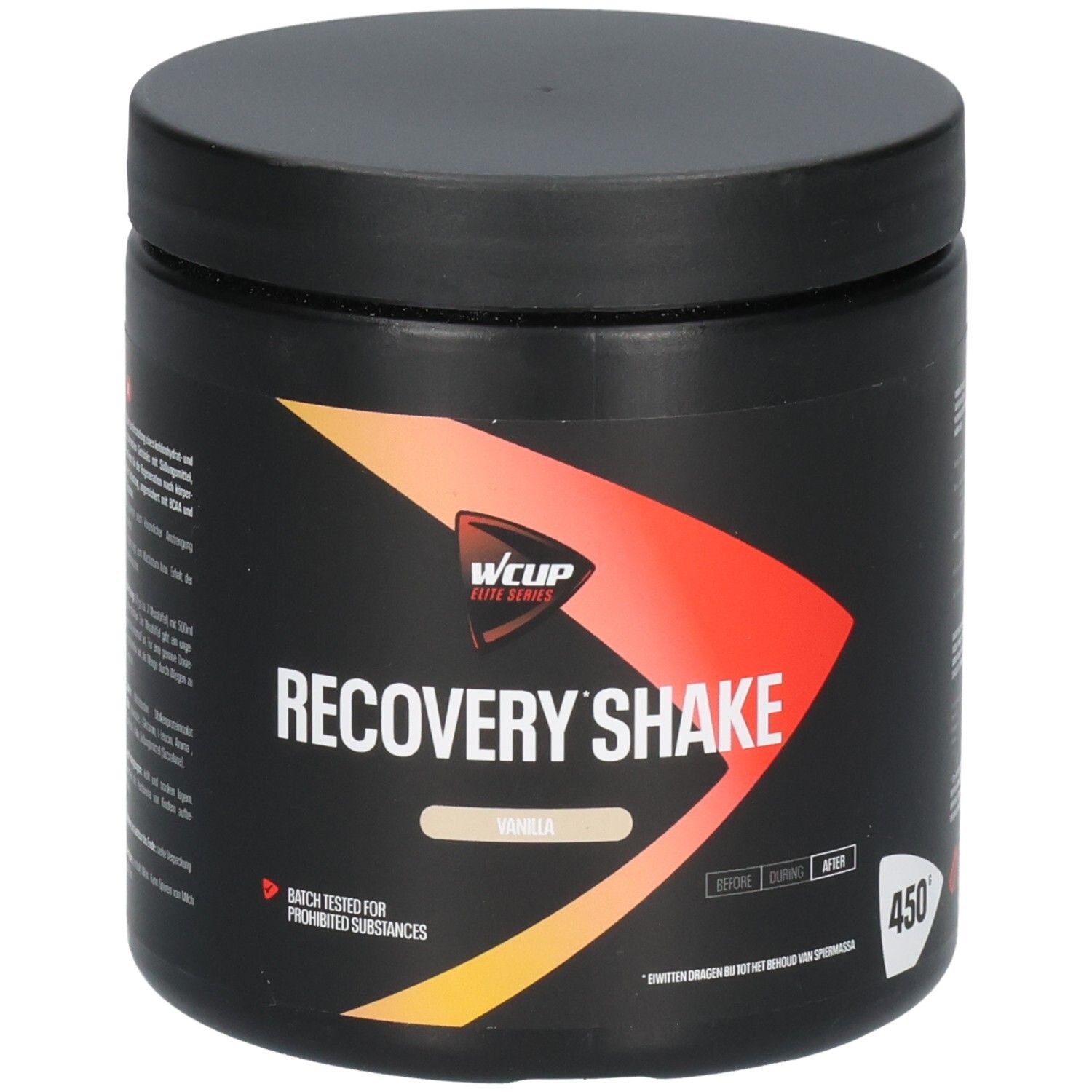 Récipient noir avec inscription Wcup Recovery Shake Vanilla 450g, saveur vanille et élément de design orange.