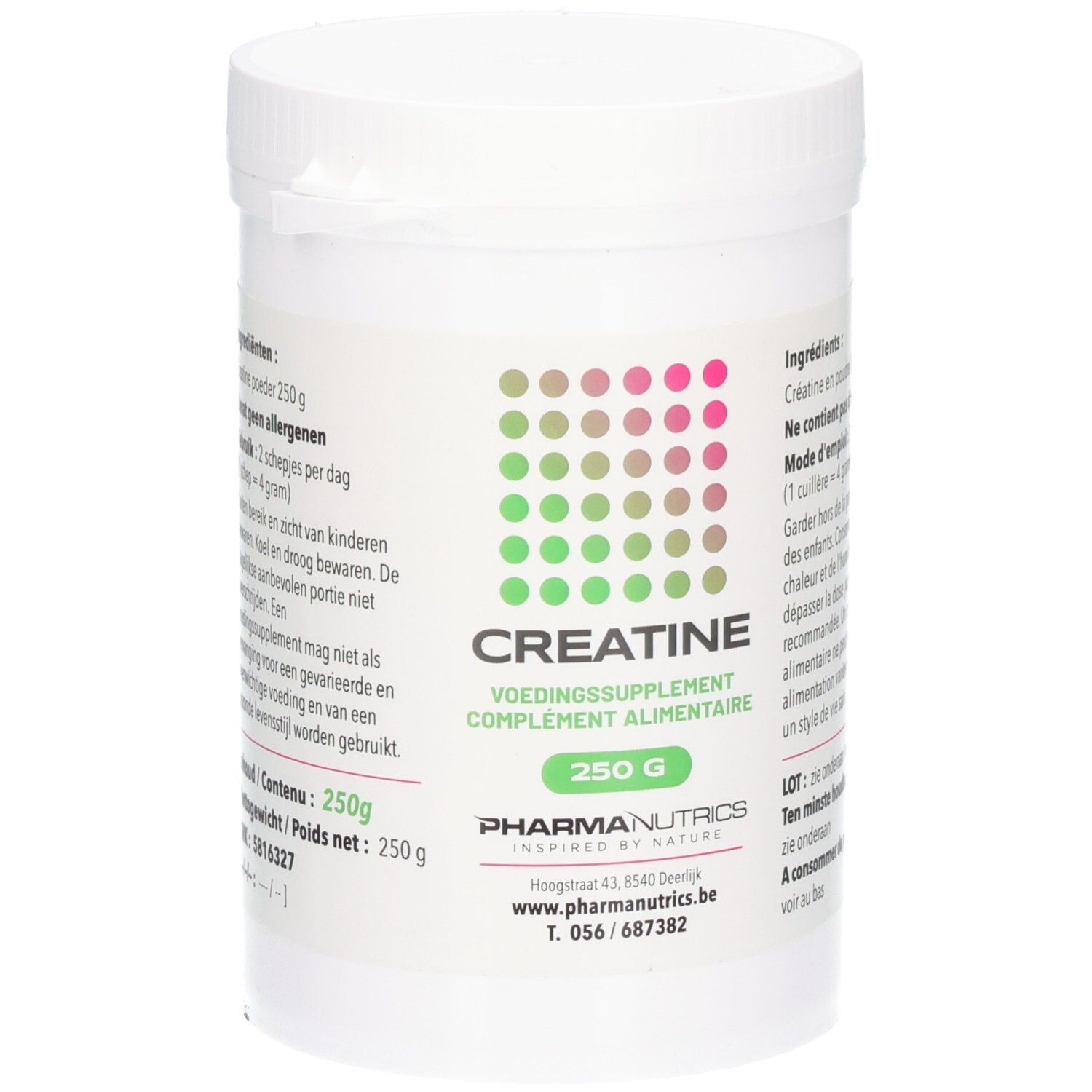 Weiße Dose mit CREATINE-Pulver. Aufschrift: 250 g, PharmaNutrics. Grün-rosa Punktmuster. Text in Niederländisch und Französisch.