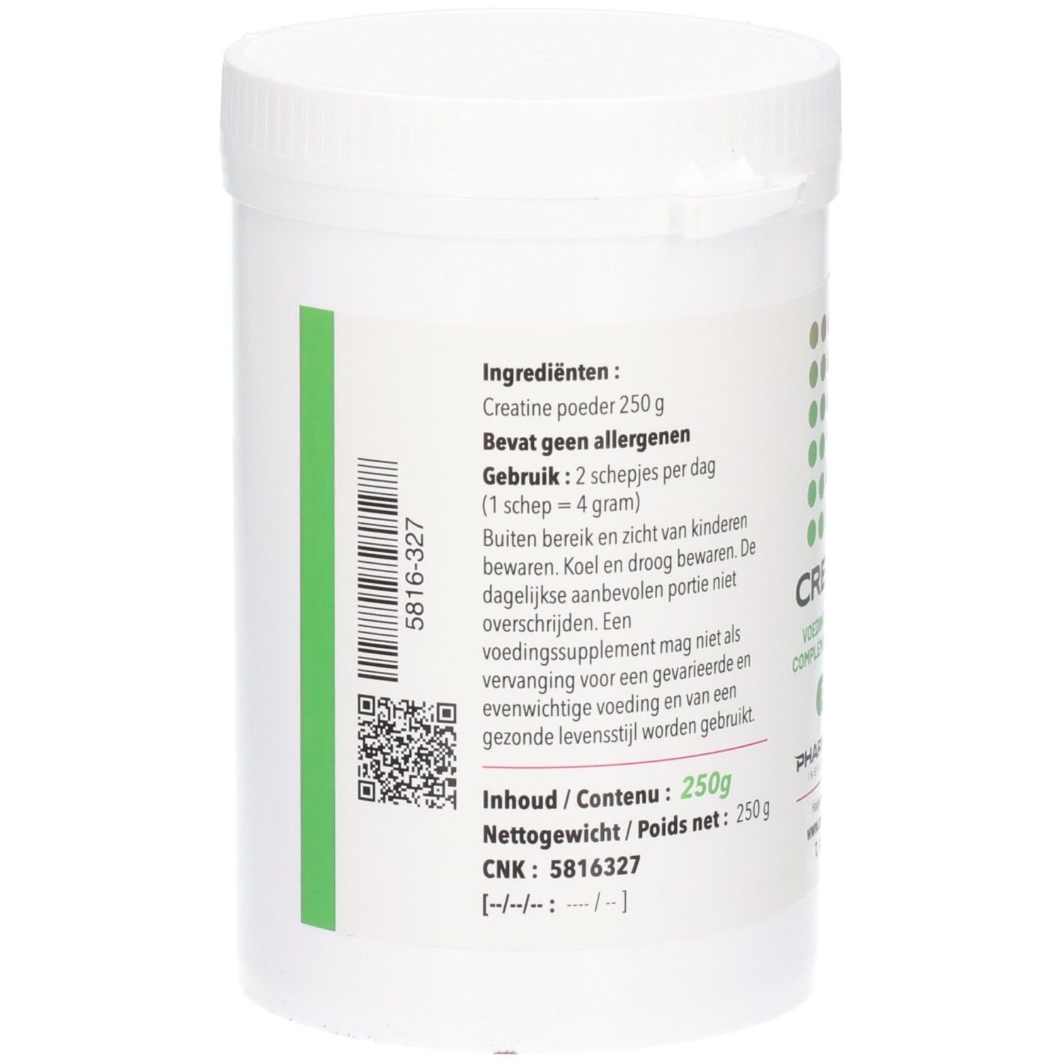 Rückseite der weißen Dose. Text in Niederländisch. Barcode und QR-Code. Inhaltsangabe: 250g.