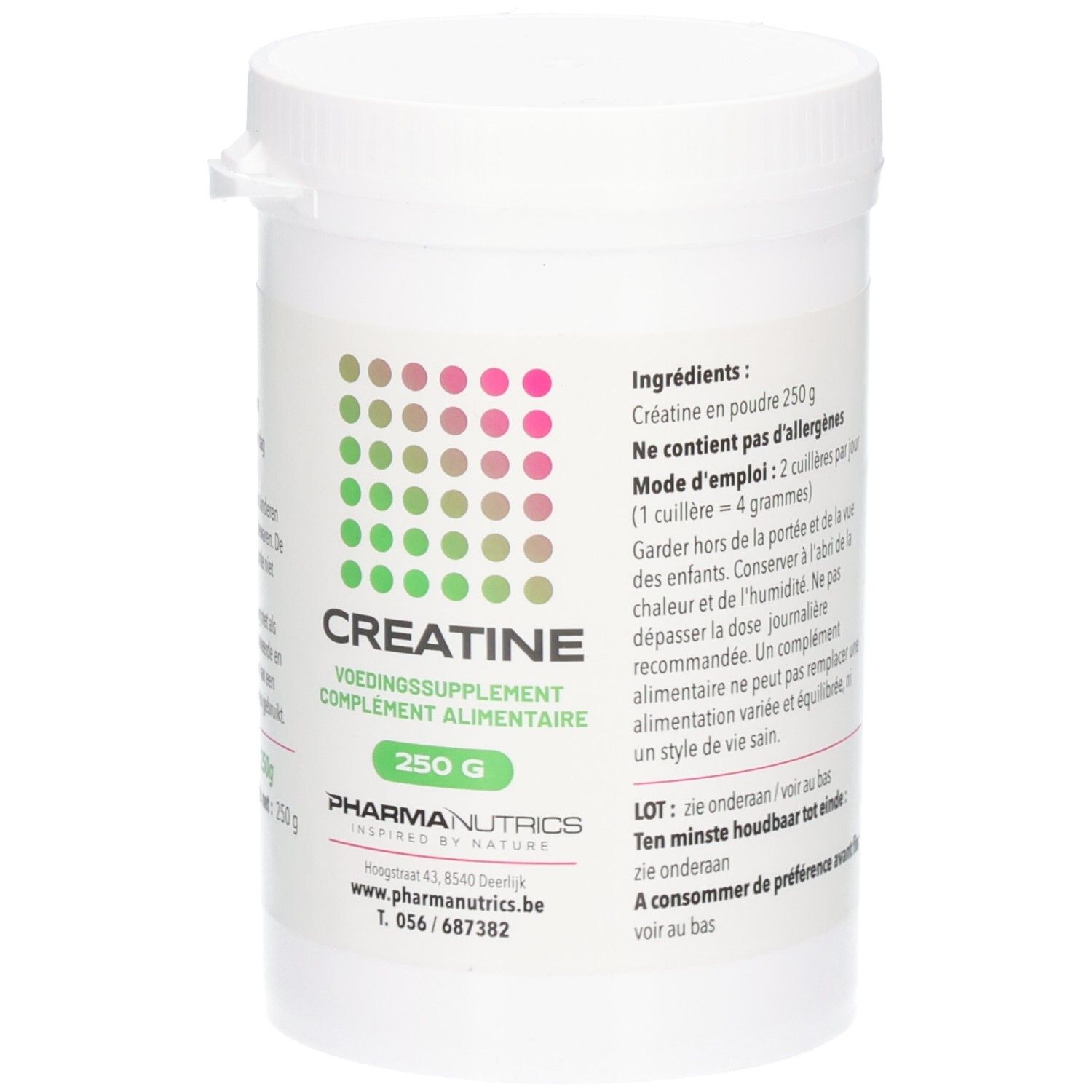 Weiße Dose mit CREATINE-Pulver. Aufschrift: 250 g, PharmaNutrics. Grün-rosa Punktmuster. Text in Niederländisch und Französisch.