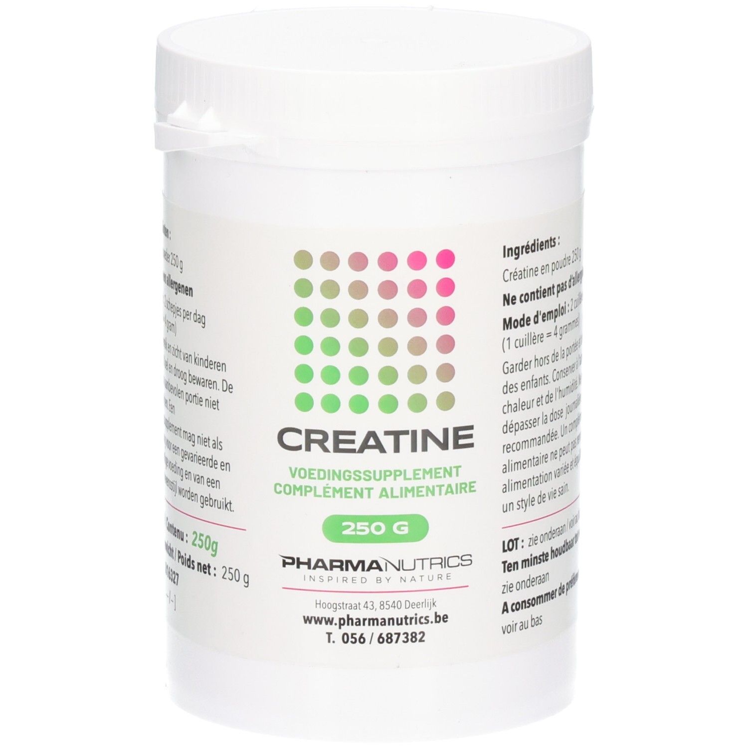 Weiße Dose mit CREATINE-Pulver. Aufschrift: 250 g, PharmaNutrics. Grün-rosa Punktmuster. Text in Niederländisch und Französisch.