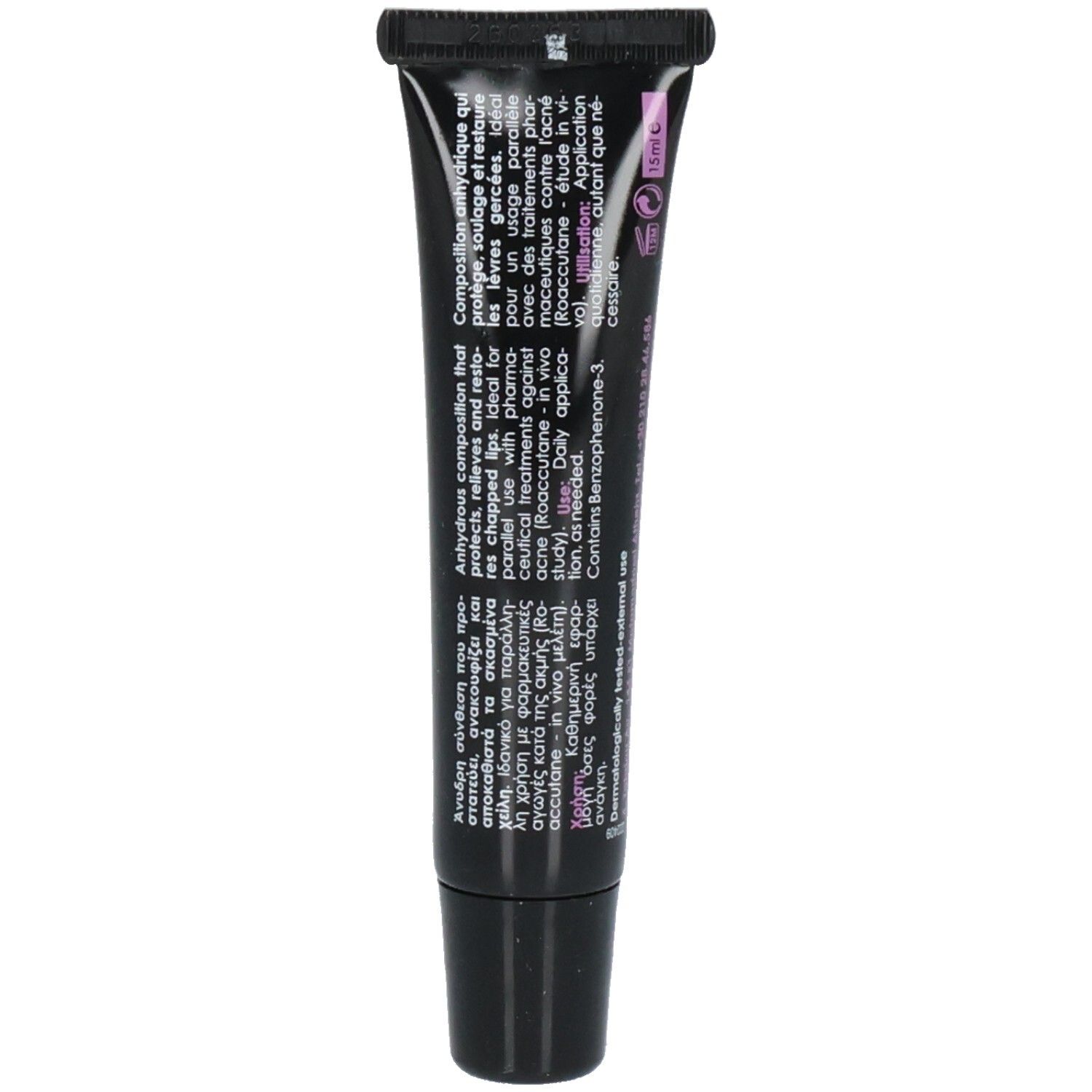 Rückseite der Frezyderm Ac-Norm Lippenbalsam Tube mit Inhaltsstoffen und Anwendungshinweisen.
