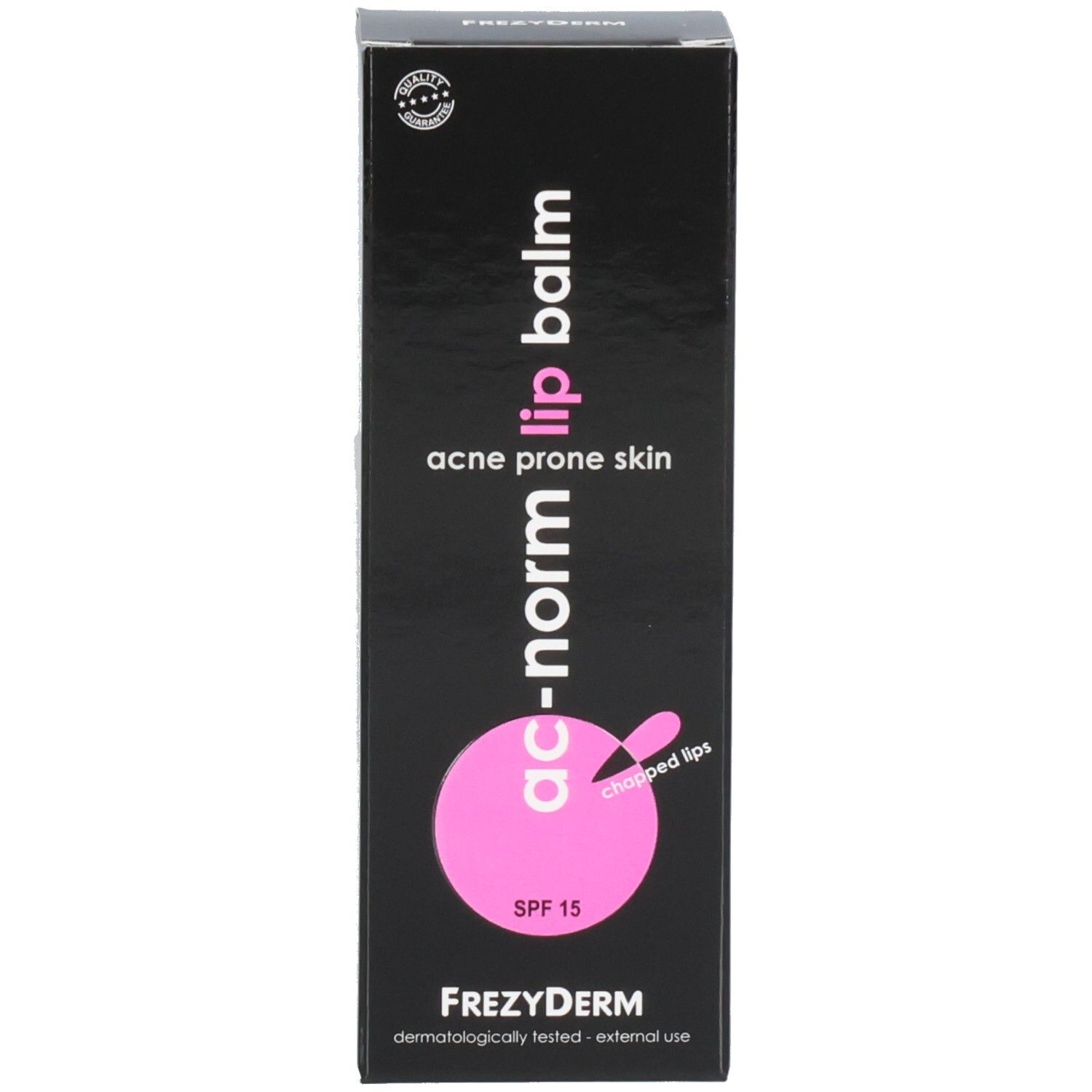 Frezyderm Ac-Norm Lippenbalsam Faltschachtel, Vorderseite mit Produktinformationen.