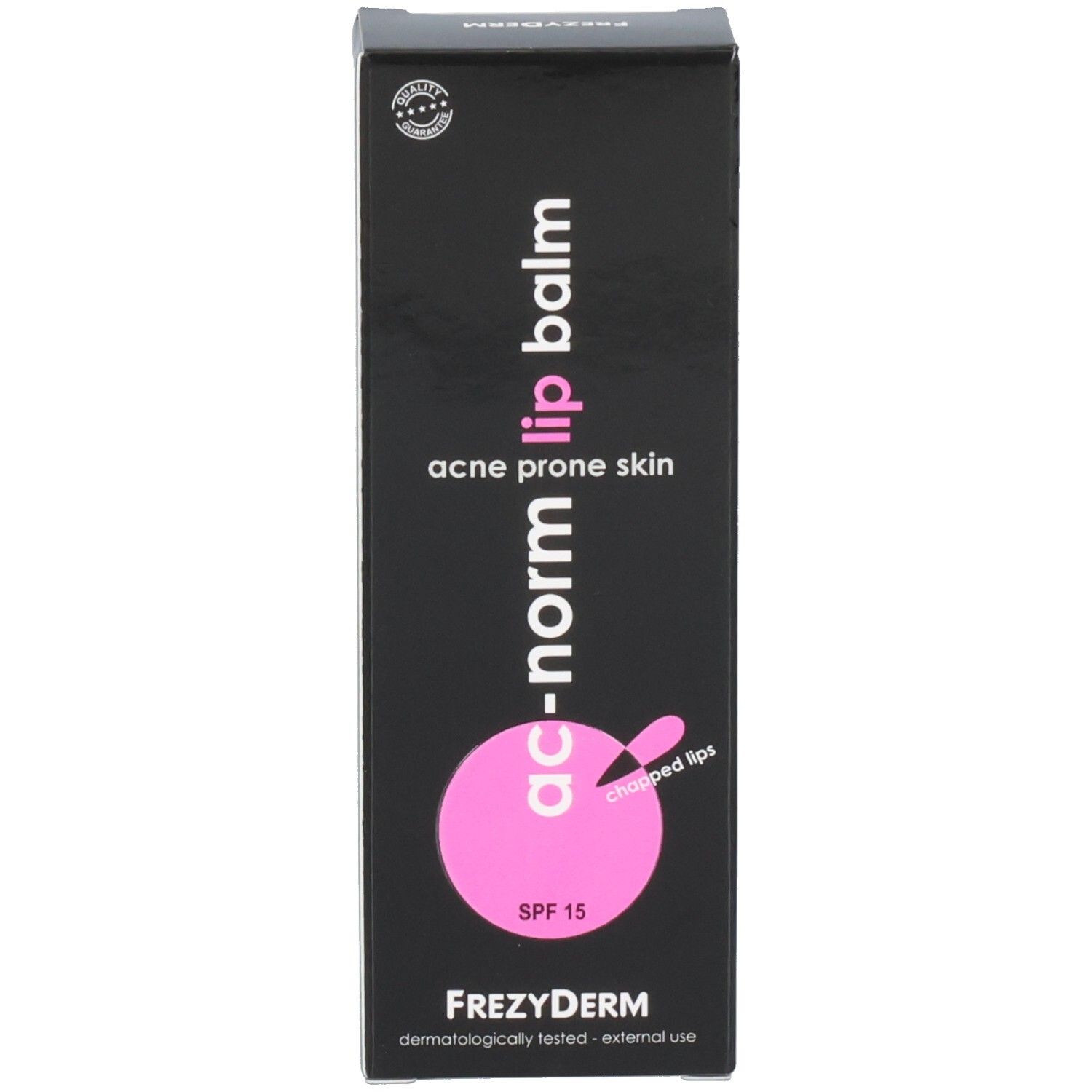 Frezyderm Ac-Norm Lippenbalsam Faltschachtel, Vorderseite mit Produktinformationen.