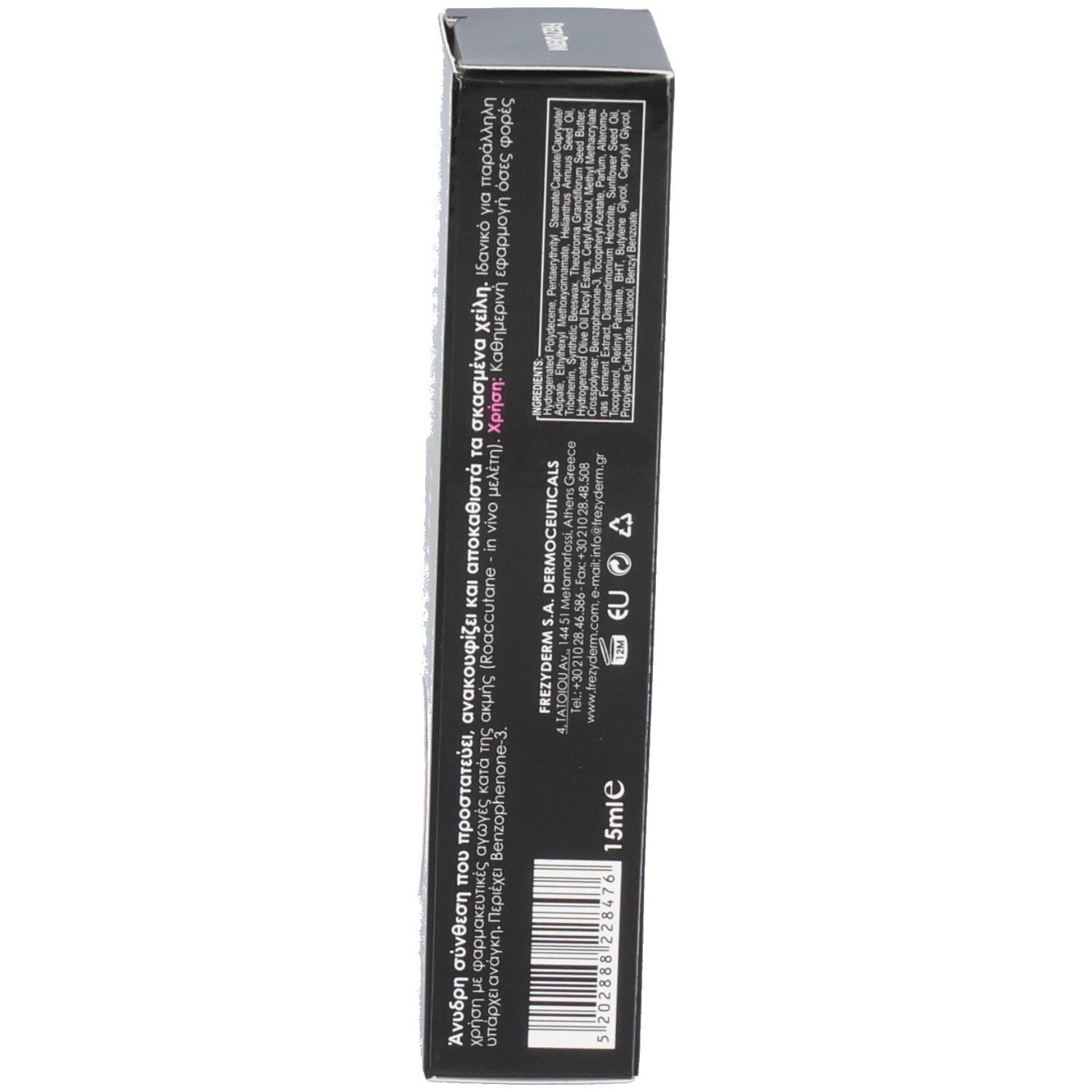 Seite der Frezyderm Ac-Norm Lippenbalsam Faltschachtel mit Inhaltsstoffen und Barcode.