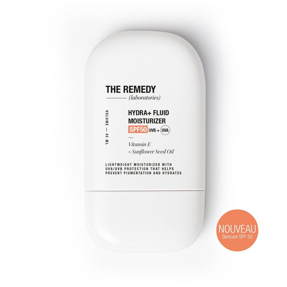 Flacon : Hydra+ Fluid Moisturizer SPF50, blanc, avec autocollant orange "Nouveau".
